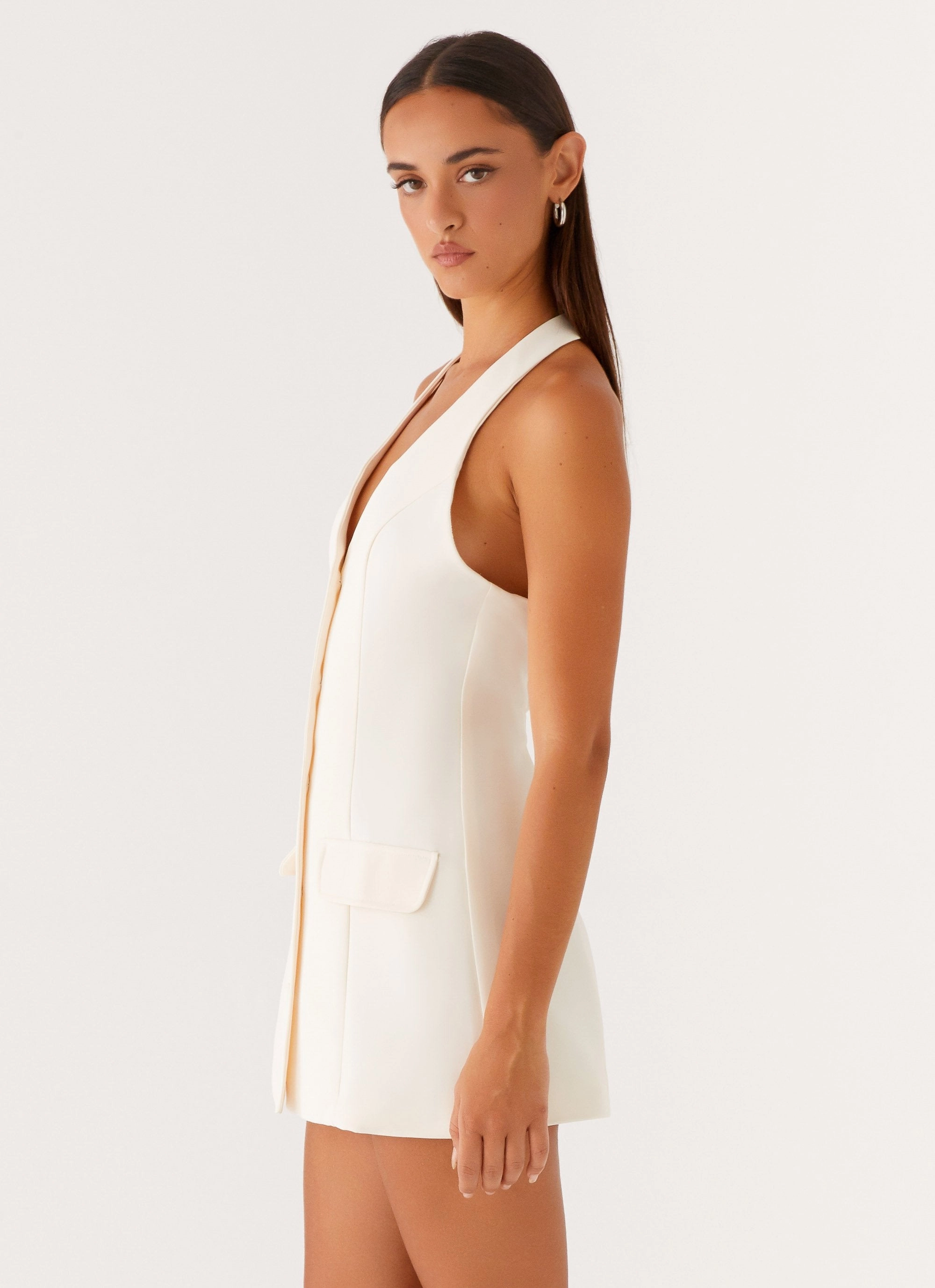 Relaxed Comfort Look Drapey Fabric Mira Halter Neck Mini Dress - Ivory