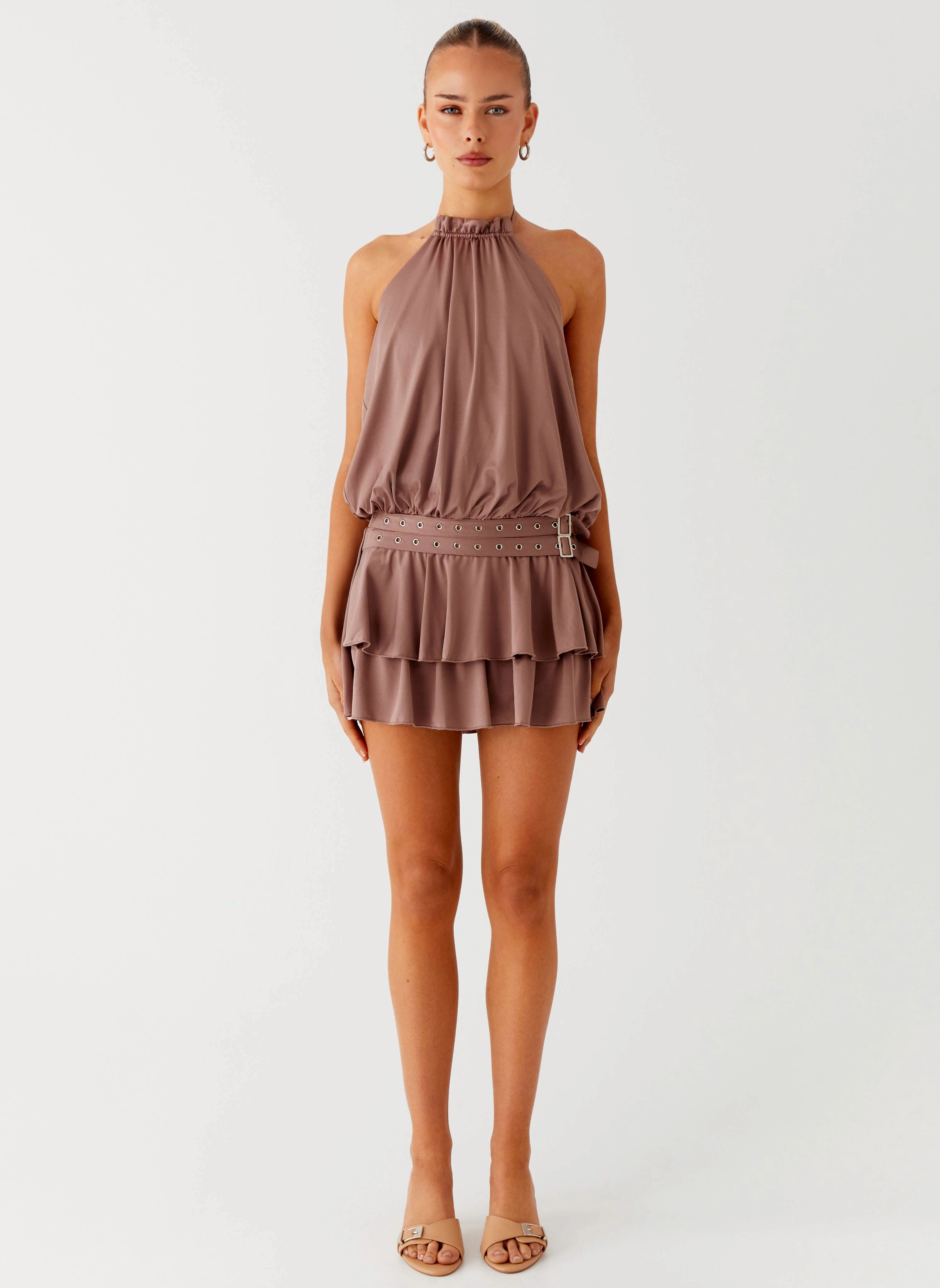 Dopamine Belt Mini Dress - Taupe Boho Tone