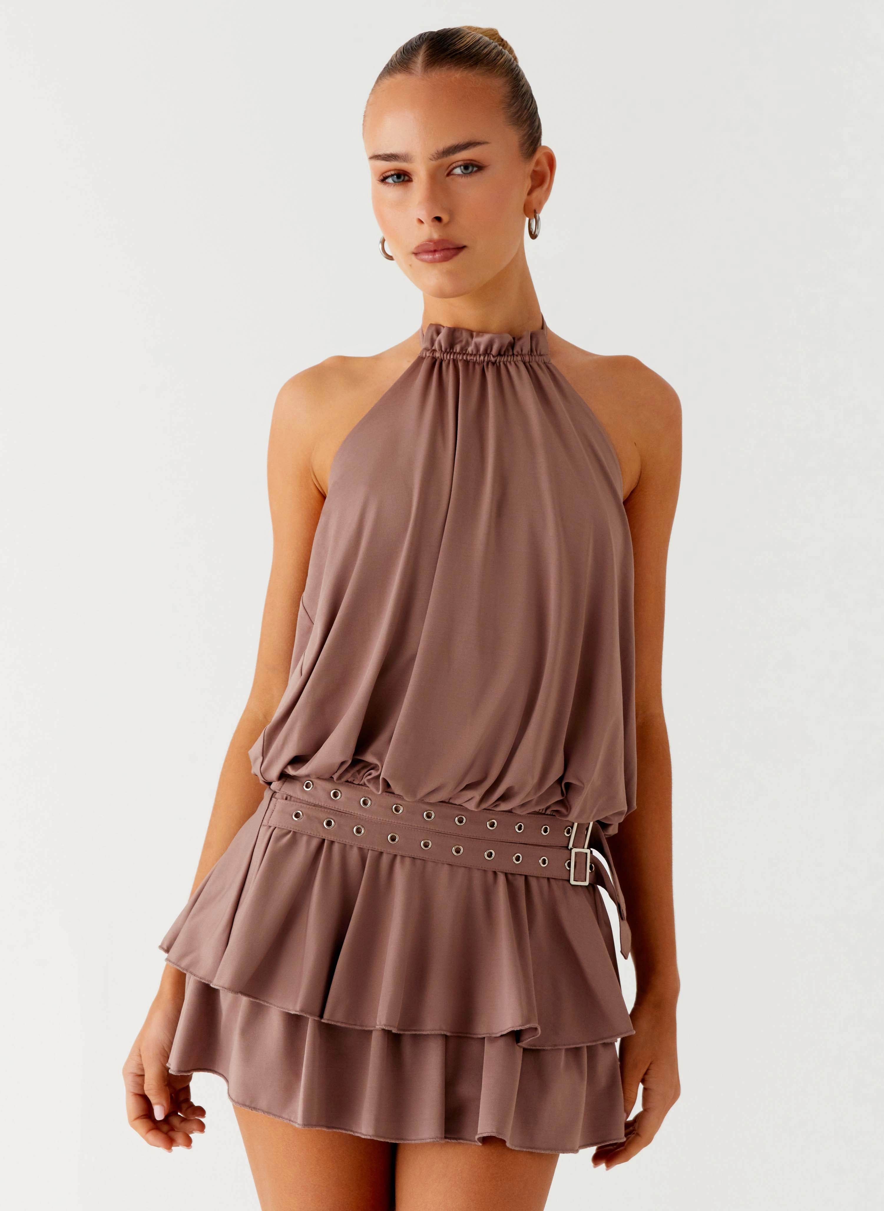 Seasonal Must-Have Dopamine Belt Mini Dress - Taupe