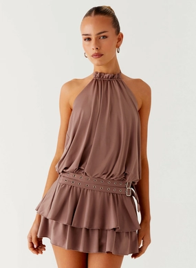 Seasonal Must-Have Dopamine Belt Mini Dress - Taupe