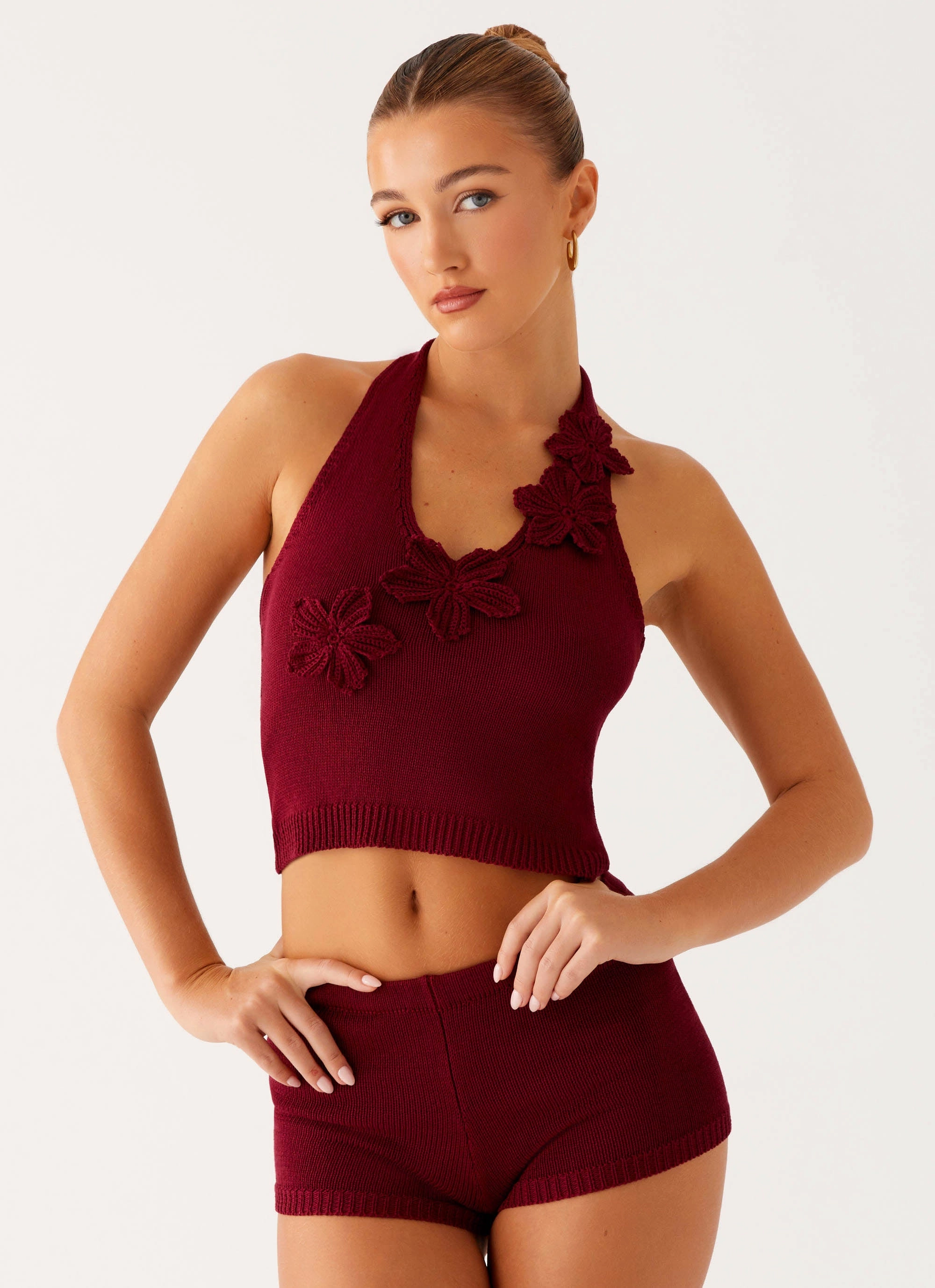 Miffy Crochet Top - Maroon Stretch Knit Material NonChafing Fabric