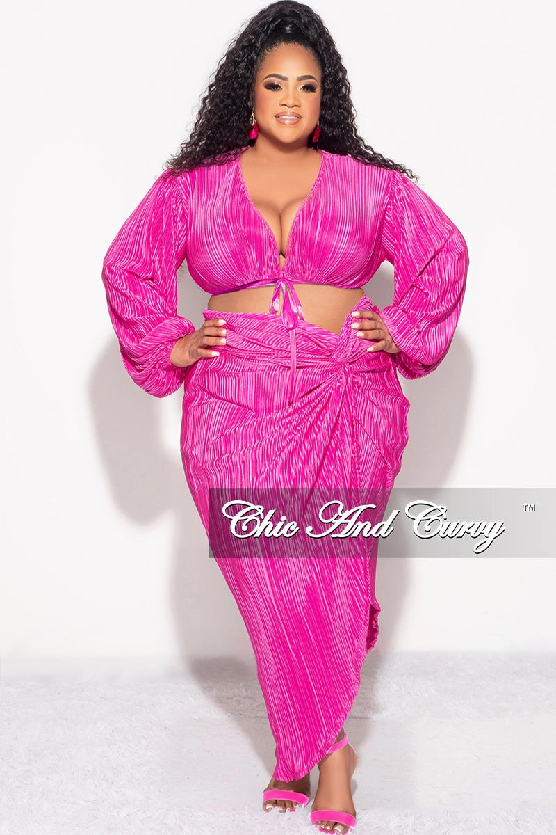 Final Sale Plus Size 2pc Pleated Crop Tie Top & Wrap Skirt Set in Fuchsia Minimal Vibe Stay Cool