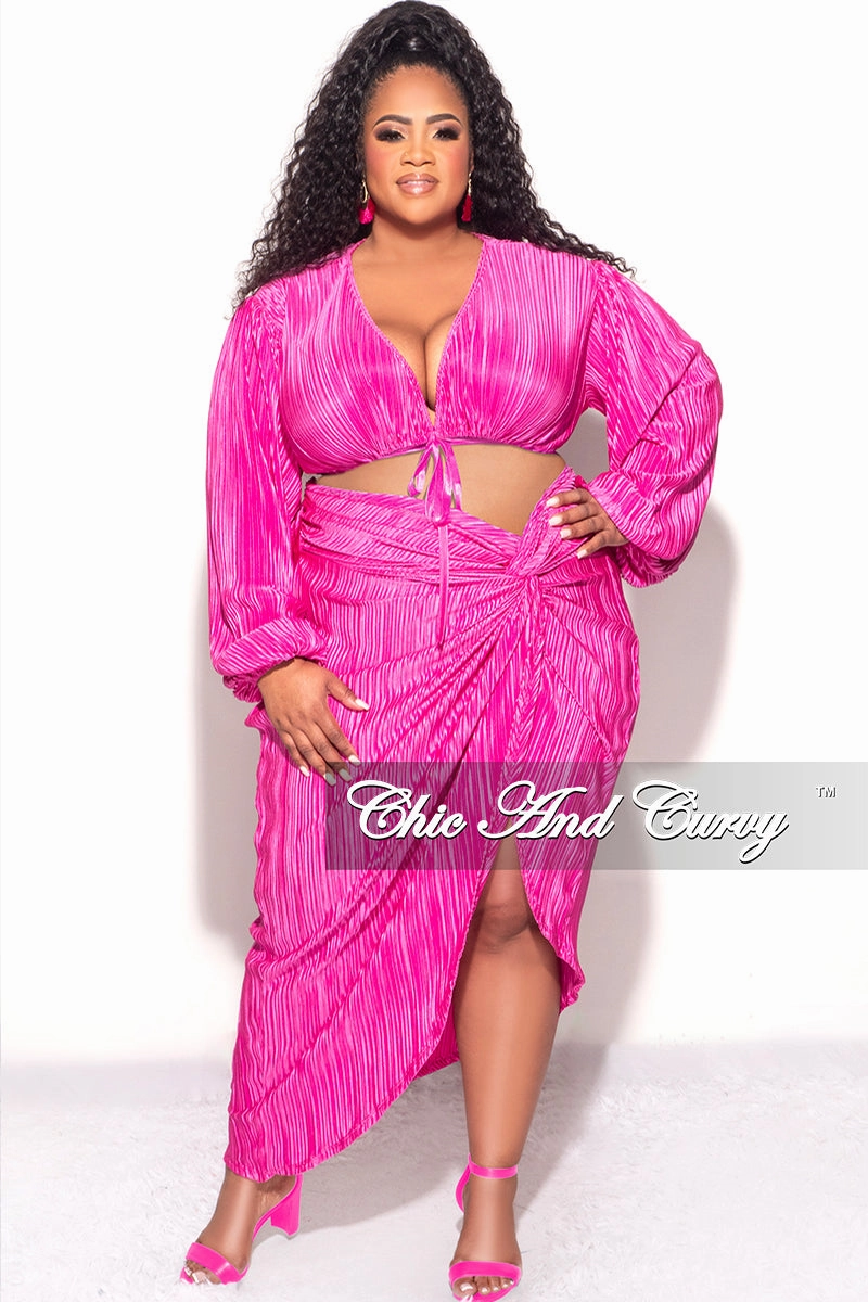 Core Flex Final Sale Plus Size 2pc Pleated Crop Tie Top & Wrap Skirt Set in Fuchsia