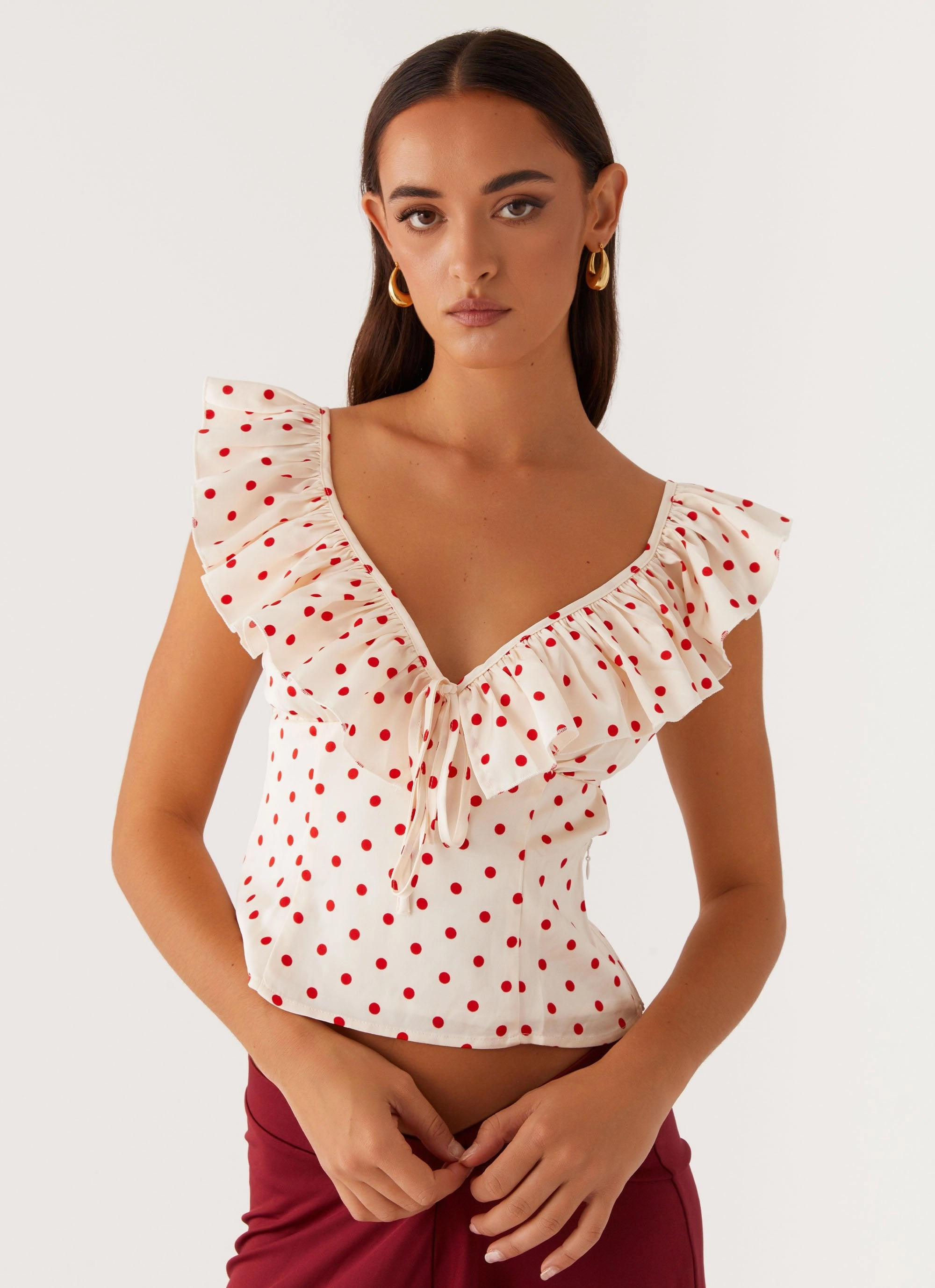 Regan Ruffle Top - Red Polka Dot EcoFriendly Dye HoodedVersion