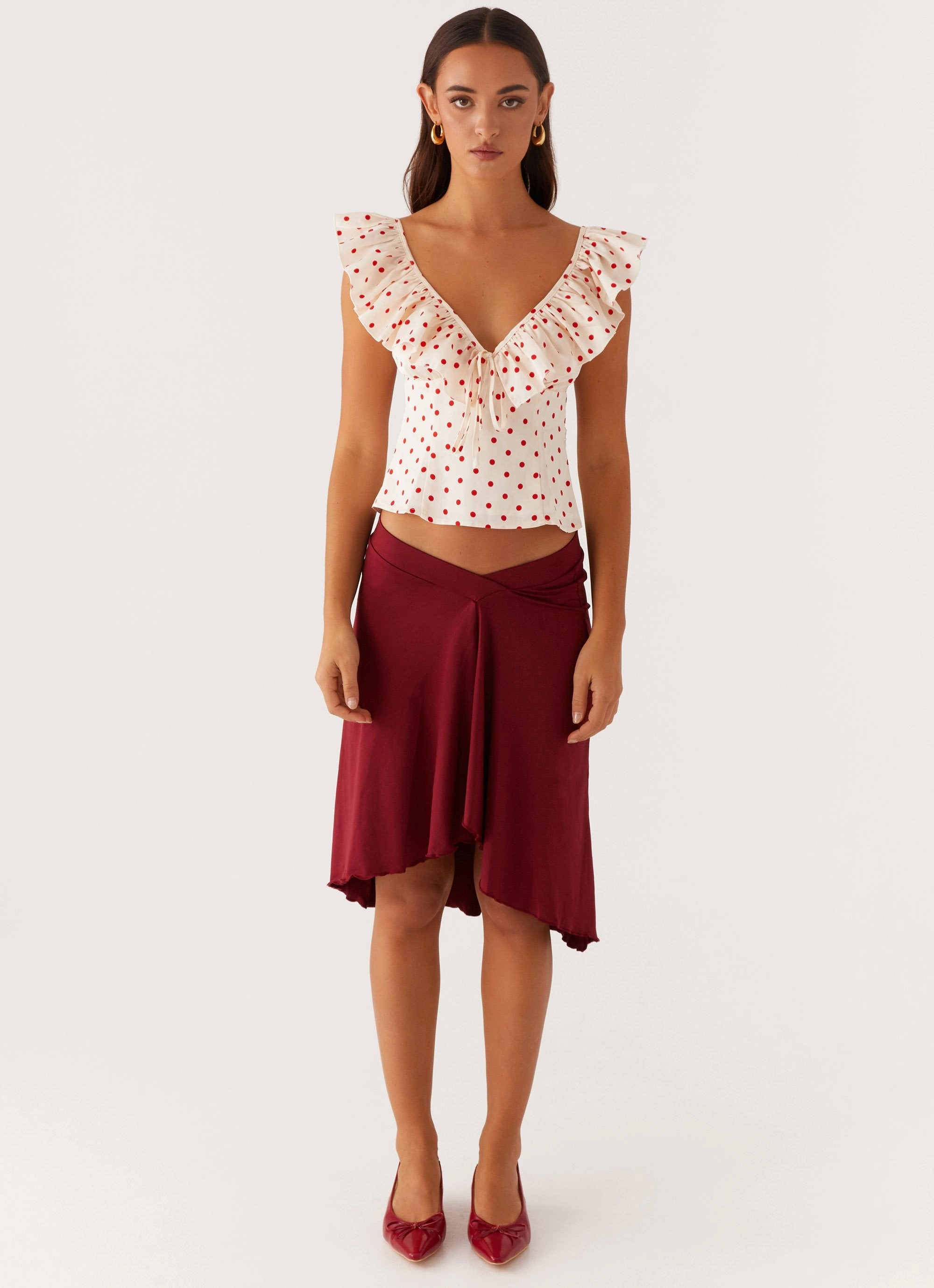 Regan Ruffle Top - Red Polka Dot FourWayStretch