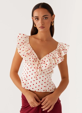 Regan Ruffle Top - Red Polka Dot EcoFriendly Dye HoodedVersion
