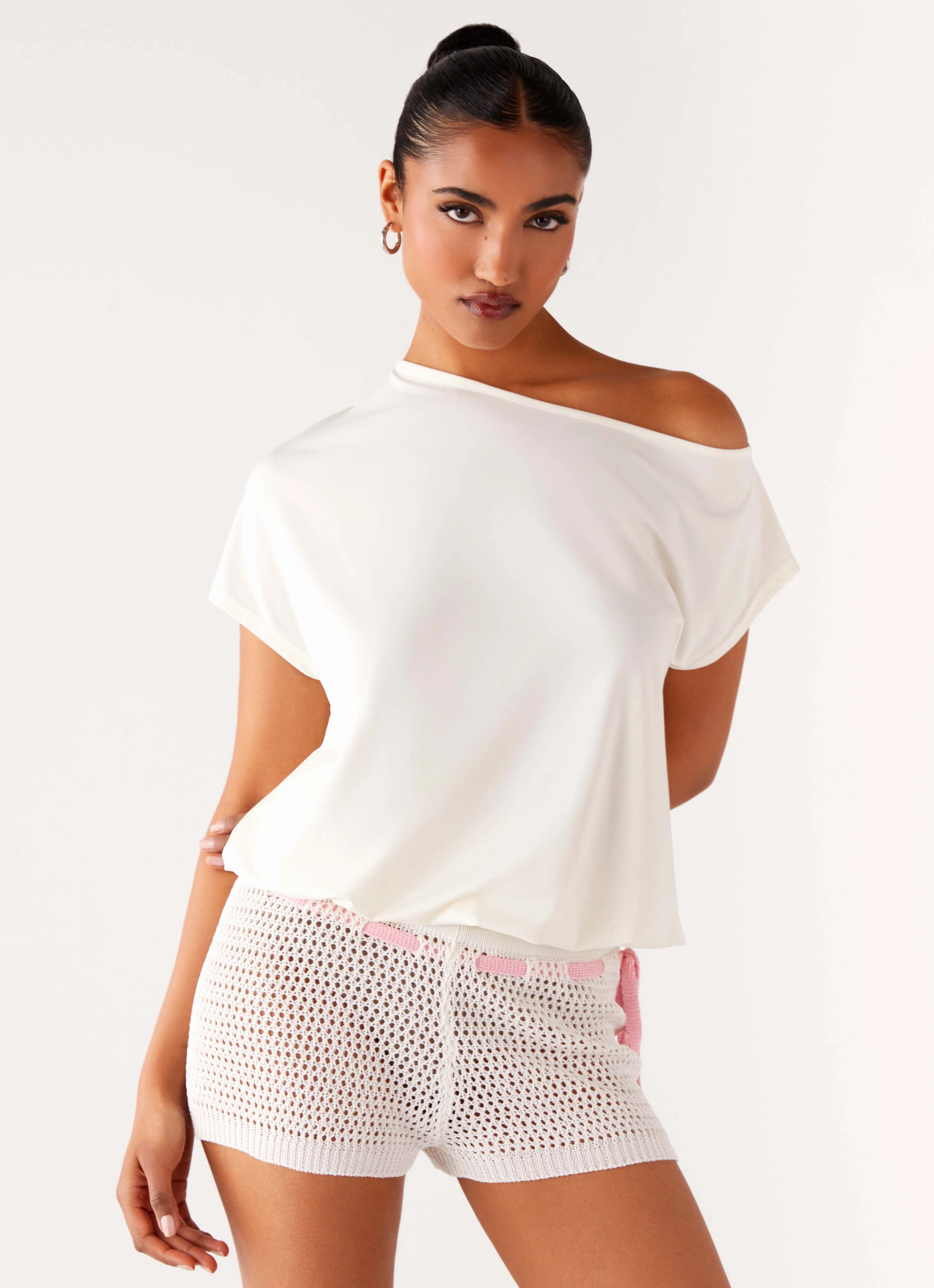 Raeni Off Shoulder Top - Ivory Interlock Stitch Detail