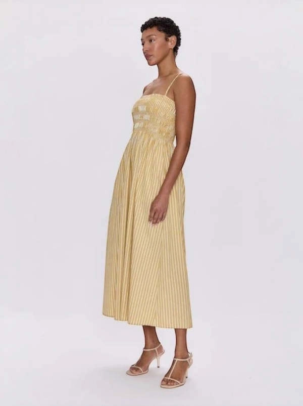 Crisp Look Pistola Bianca Shirred Bodice Dress Beach Sand Stripe