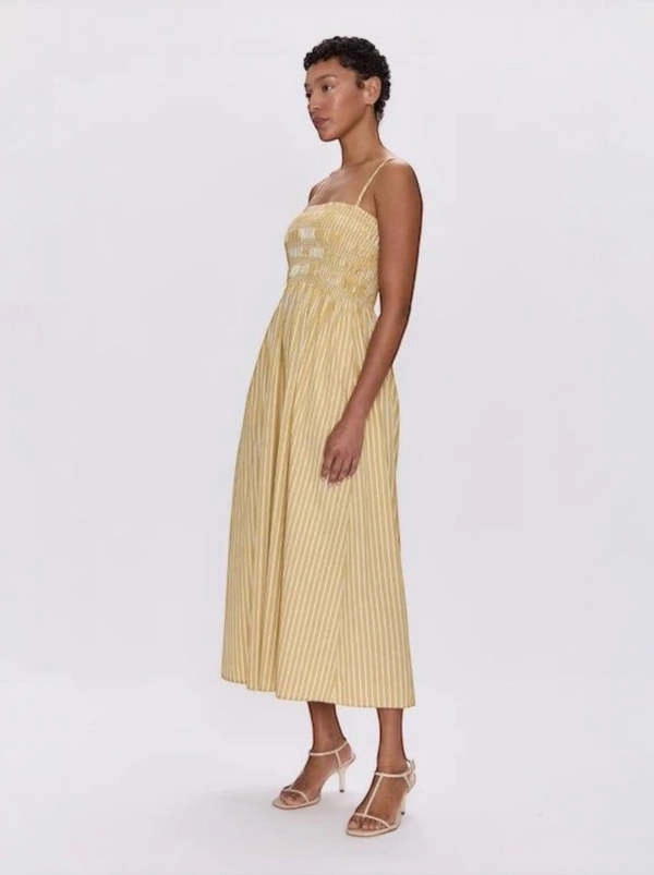 Modern Staple Pistola Bianca Shirred Bodice Dress Beach Sand Stripe