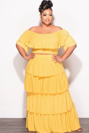 Final Sale Plus Size 2pc Ruffle Tiered Off the Shoulder Crop Top Maxi Skirt Set in Mustard Fashionable Appeal