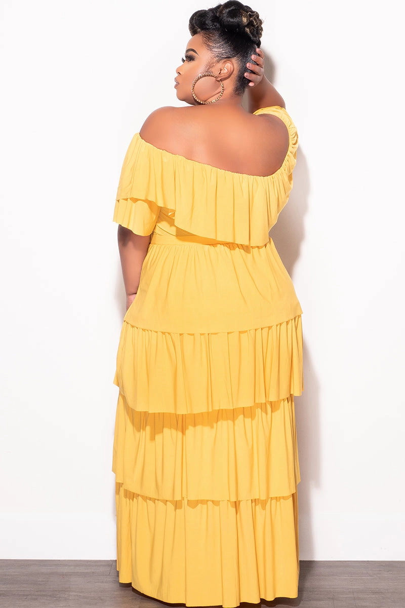 Final Sale Plus Size 2pc Ruffle Tiered Off the Shoulder Crop Top Maxi Skirt Set in Mustard Comfort Wear Fit