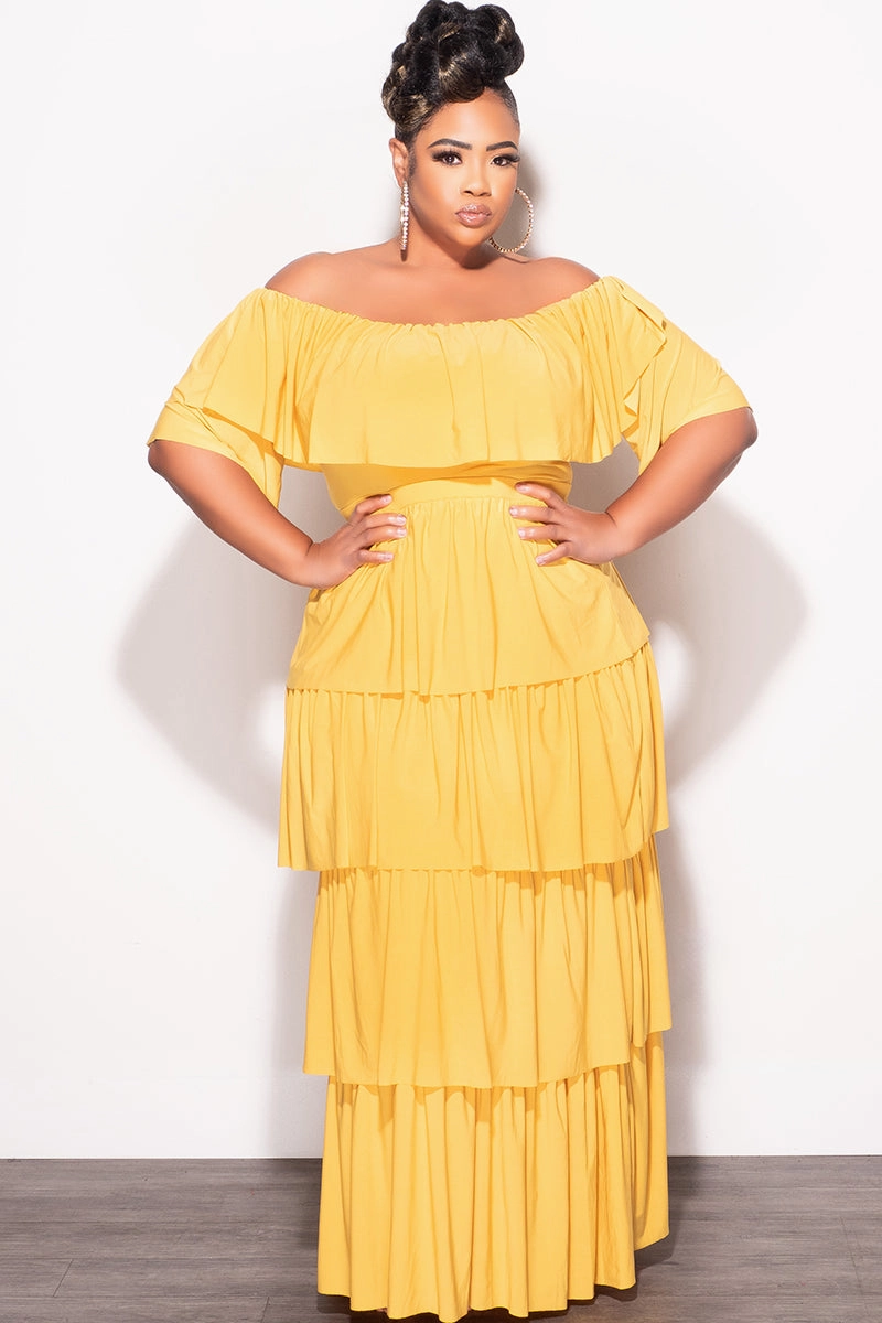 Final Sale Plus Size 2pc Ruffle Tiered Off the Shoulder Crop Top Maxi Skirt Set in Mustard FlexFoamPadding