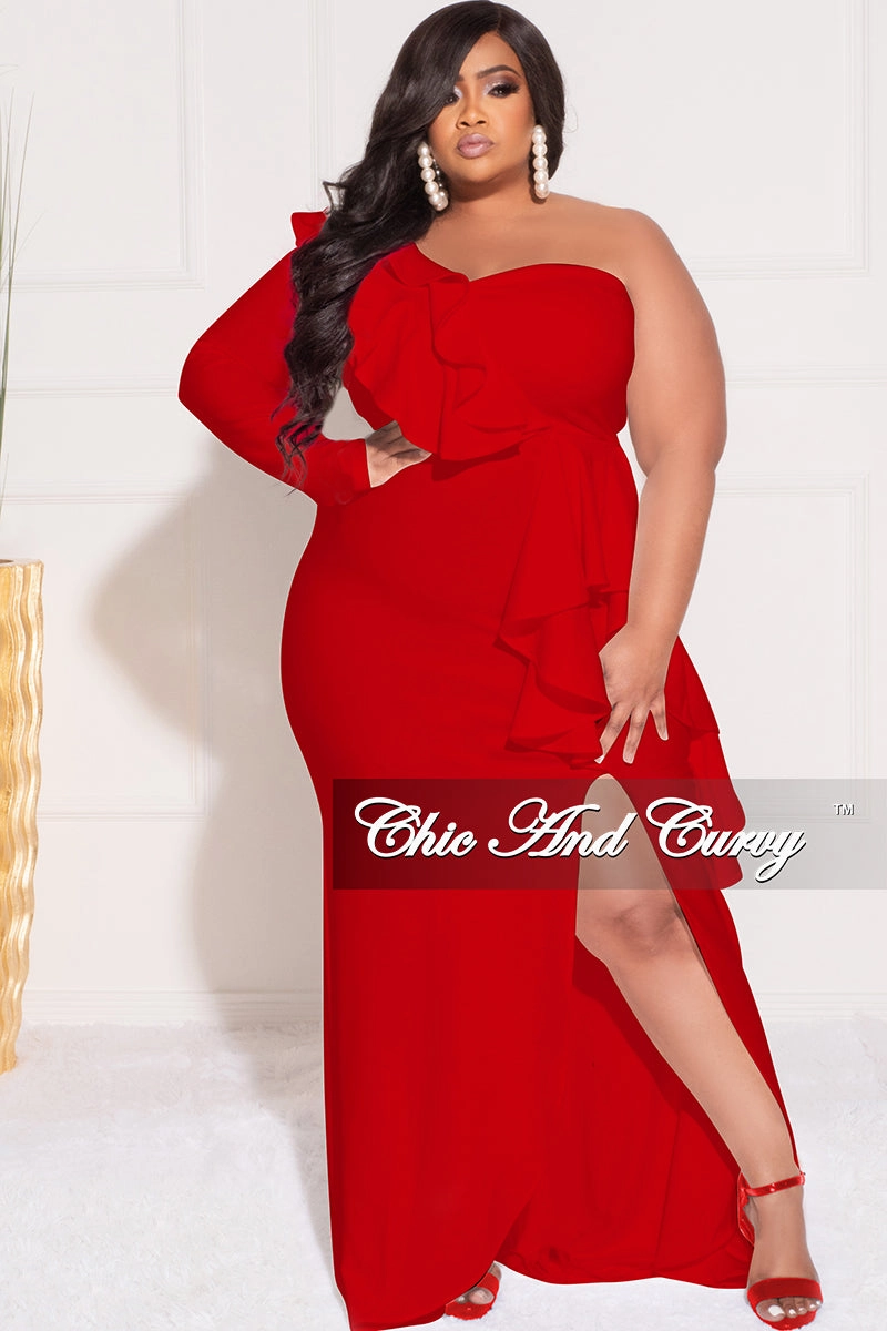 CrossGrain Fabric Final Sale Plus Size One Sided Ruffle Gown with Front Slit in Red