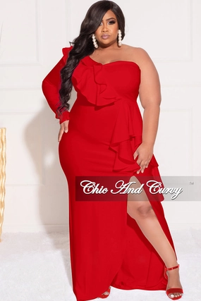 Final Sale Plus Size One Sided Ruffle Gown with Front Slit in Red SnagProof MidweightJersey