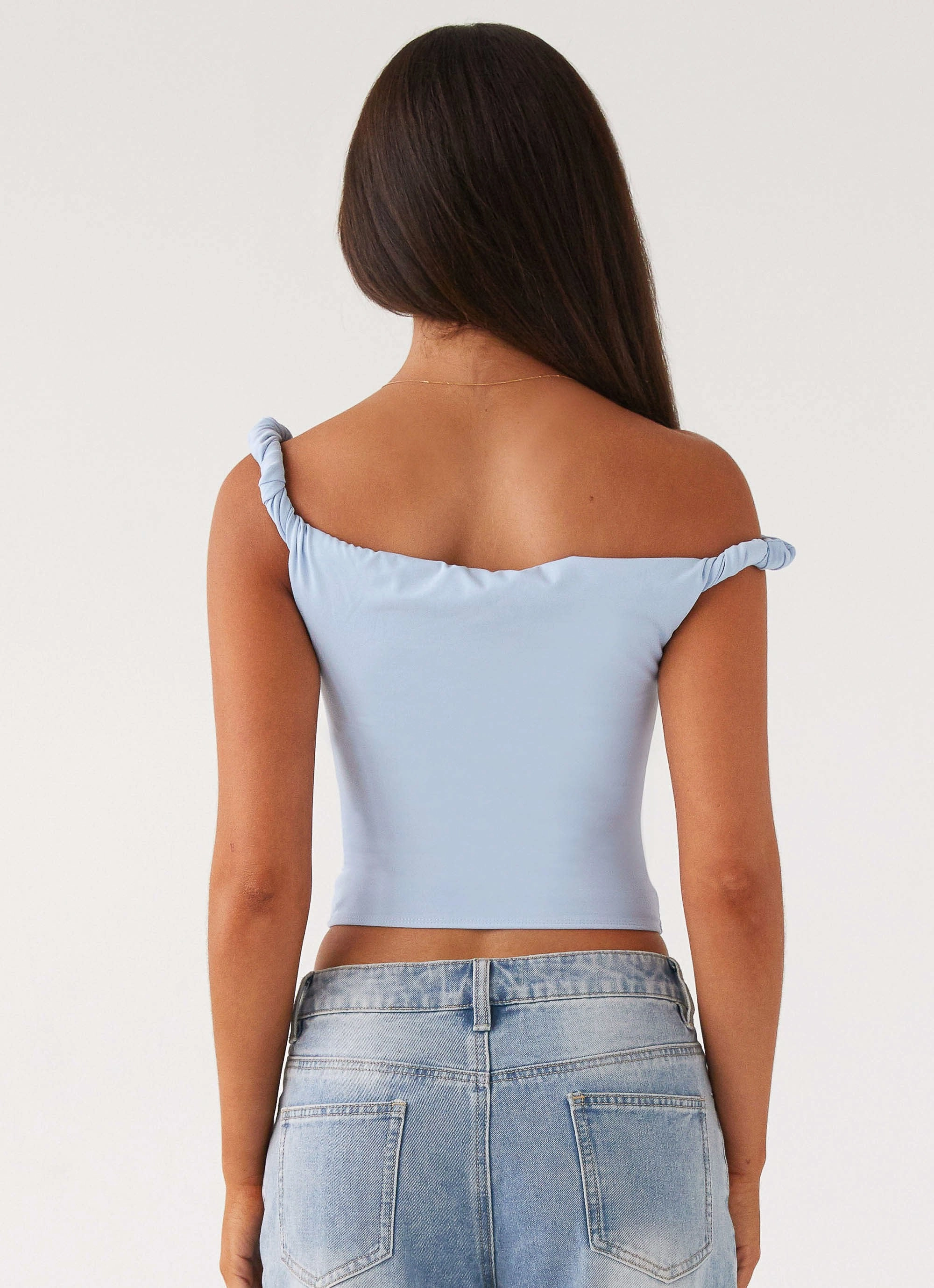 Buttery Soft Handfeel Daily Wear Solace Soul Twist Shoulder Top - Baby Blue