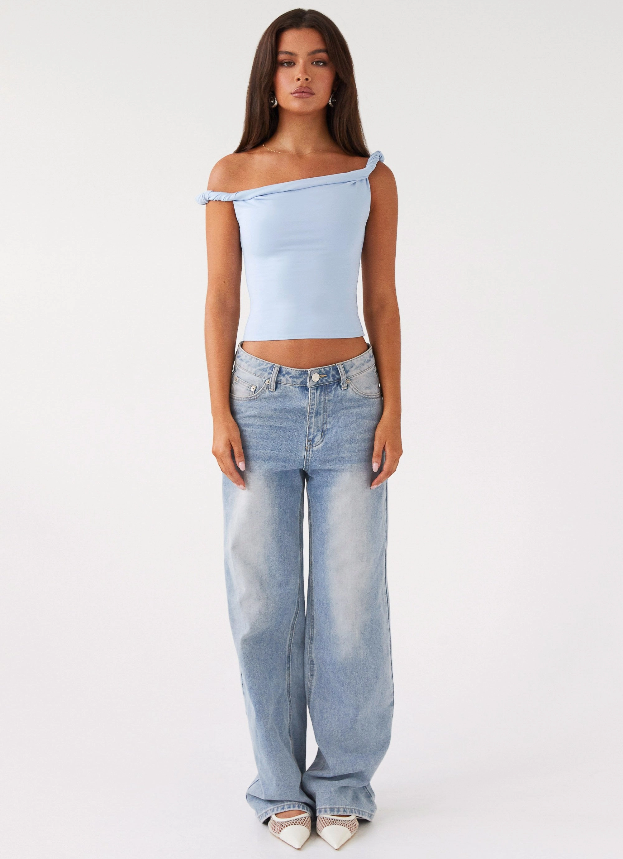 Office Attire Foldable Cuff Design Solace Soul Twist Shoulder Top - Baby Blue