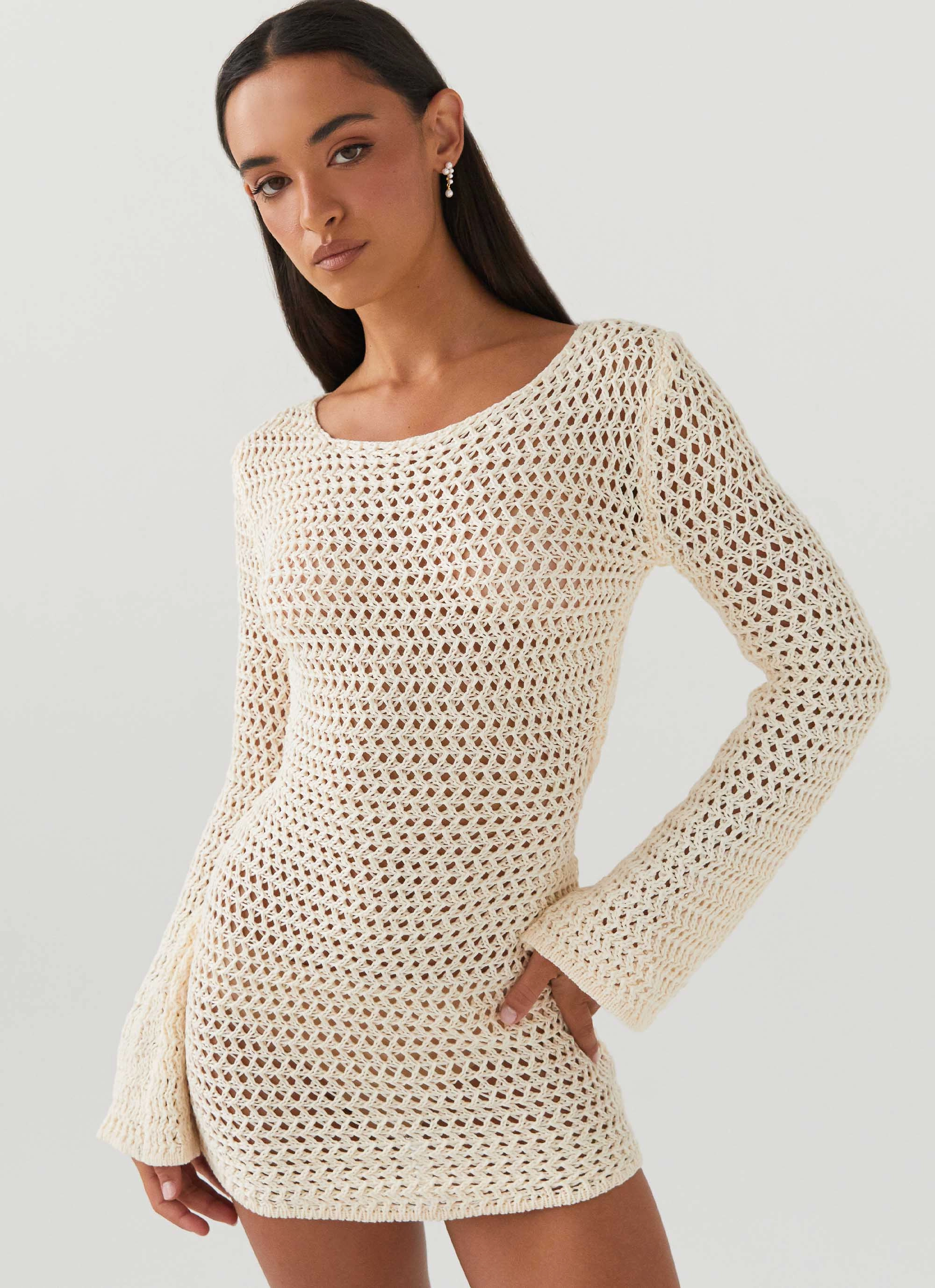 Down For The Ride Crochet Mini Dress - Ivory Bright bold dress Lower Hem