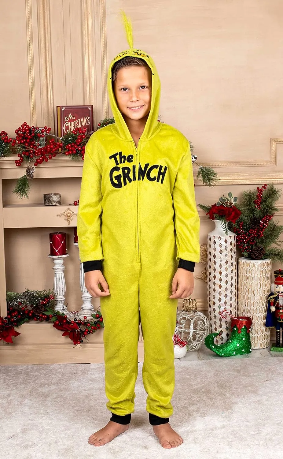Dr. Seuss Grinch Fleece Onesie Pajamas - Matching Family Adult Kids Hooded Costume