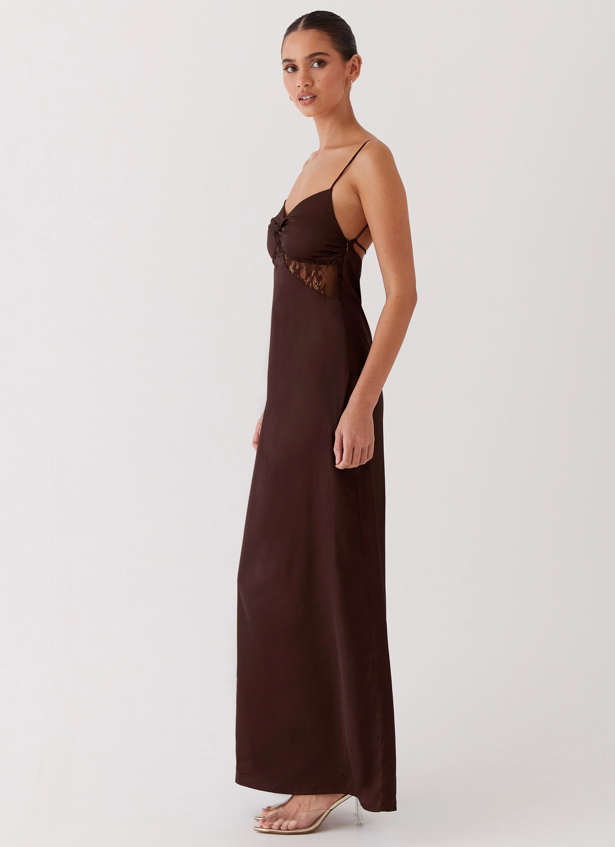 Professional Look Dream Sight Lace Satin Maxi Dress - Chocolate