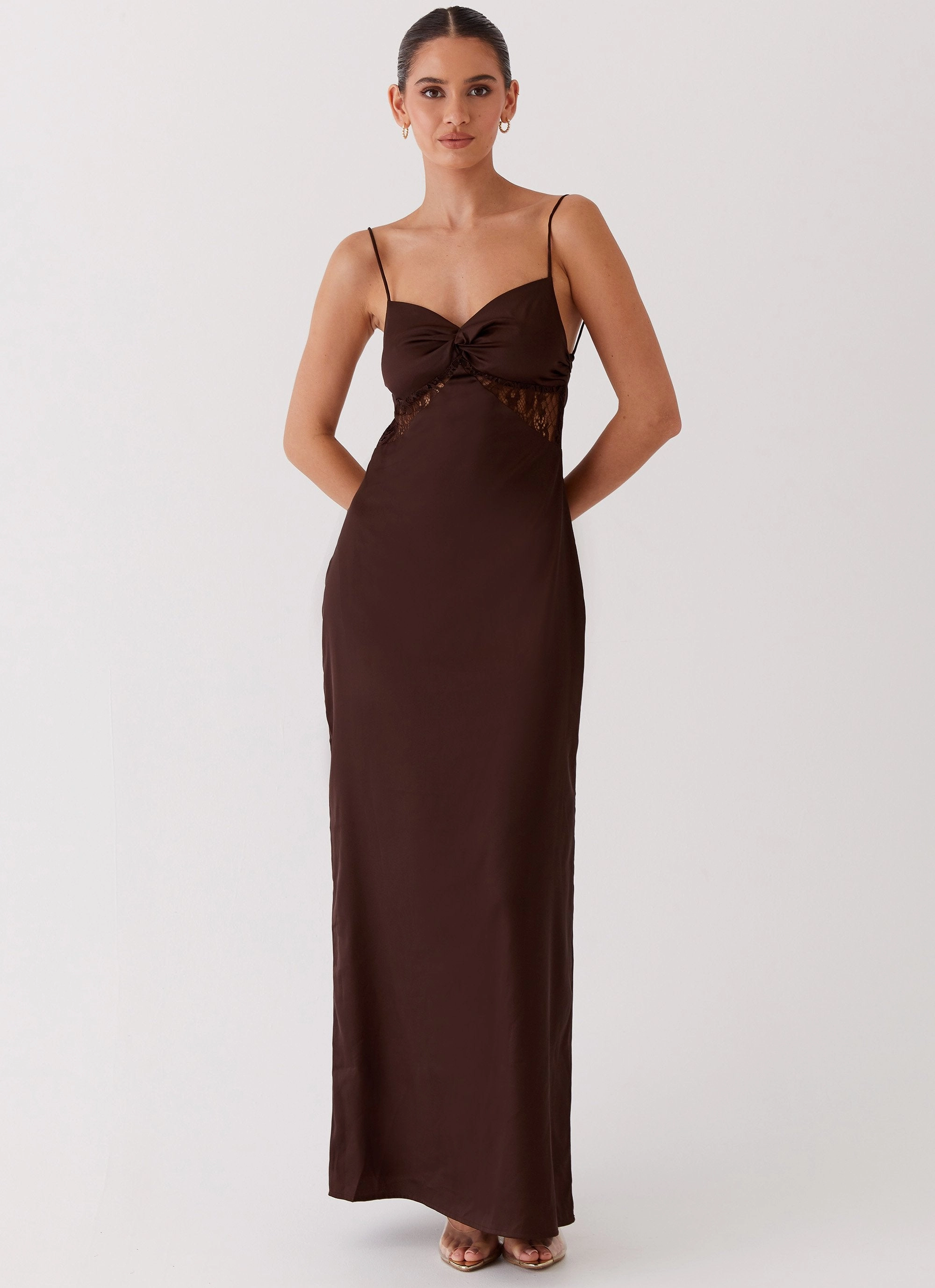 Side-Zip Dream Sight Lace Satin Maxi Dress - Chocolate