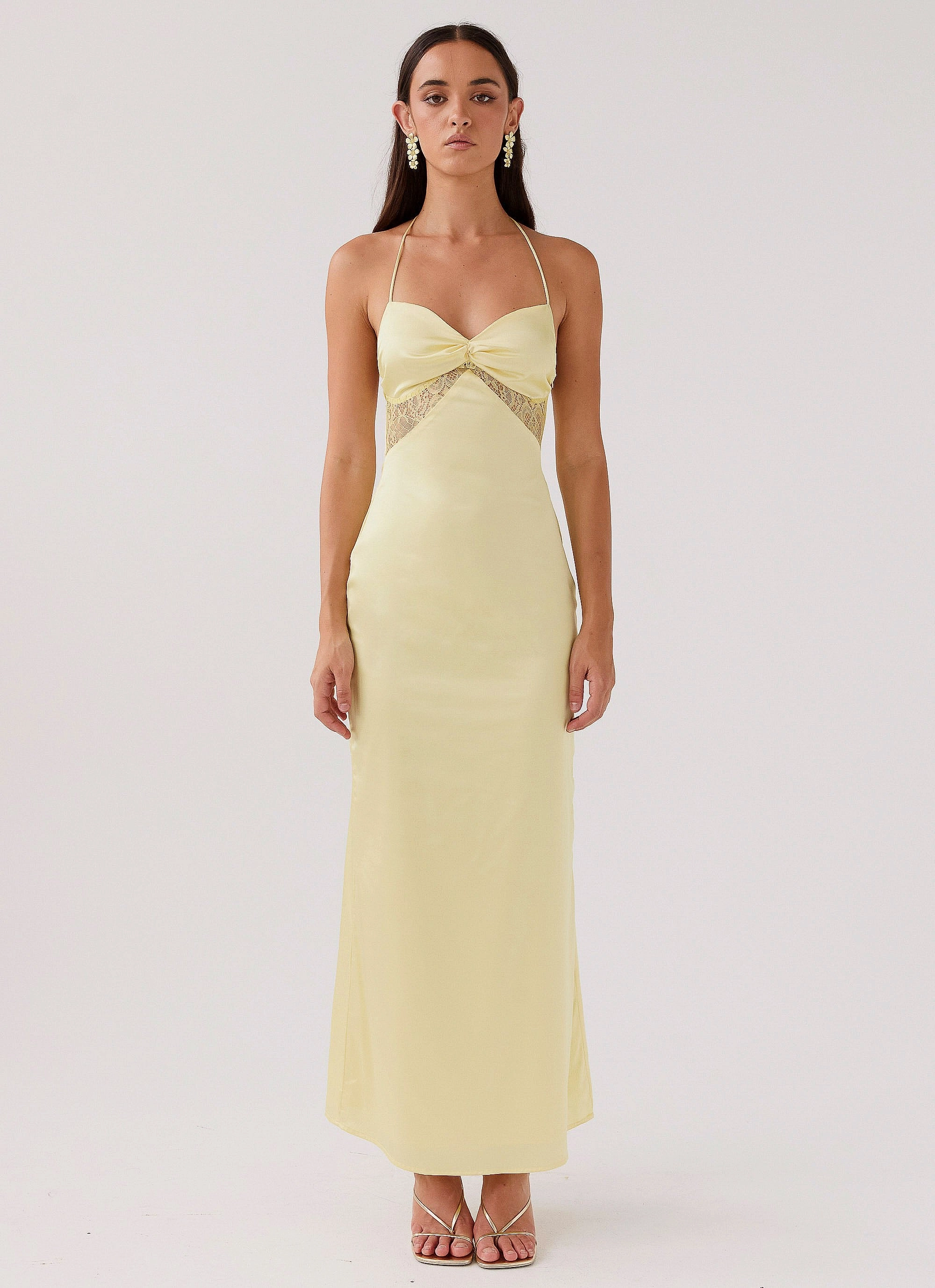 Dream Sight Lace Satin Maxi Dress - Lemon Stud-Detail