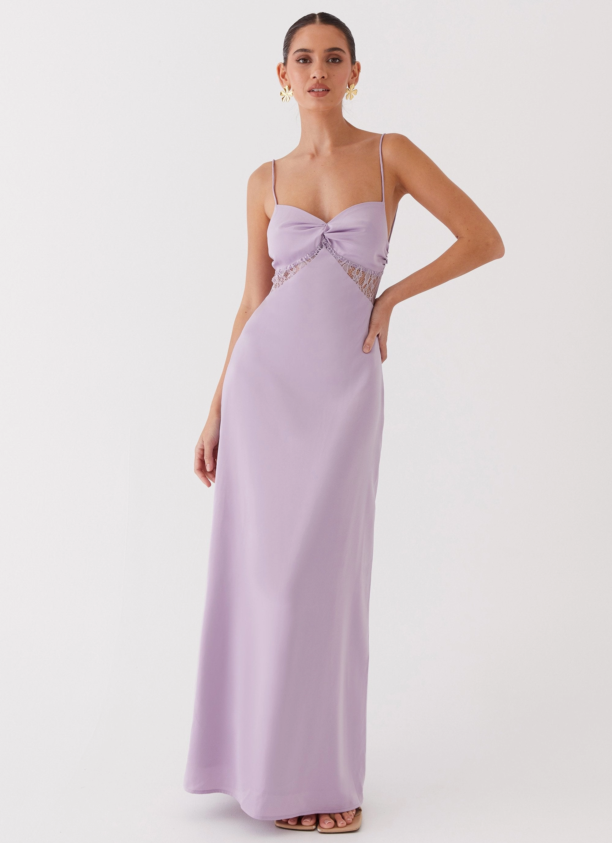 Adjustable Straps Structured-Shape Dream Sight Lace Satin Maxi Dress - Lilac