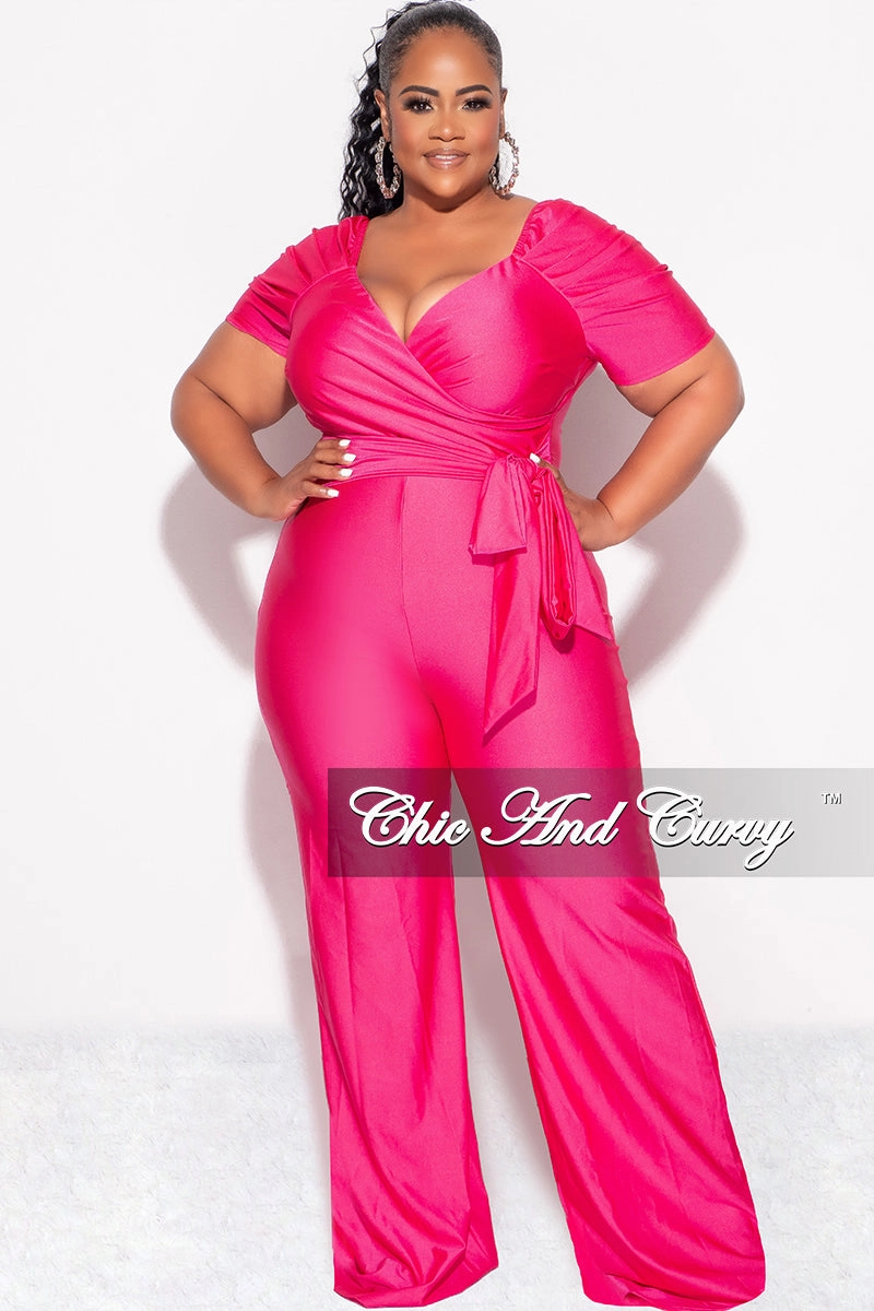 Final Sale Plus Size Off the Shoulder Faux Wrap Shiny Jumpsuit In Pink BondedShoulderTaping TexturedSurface