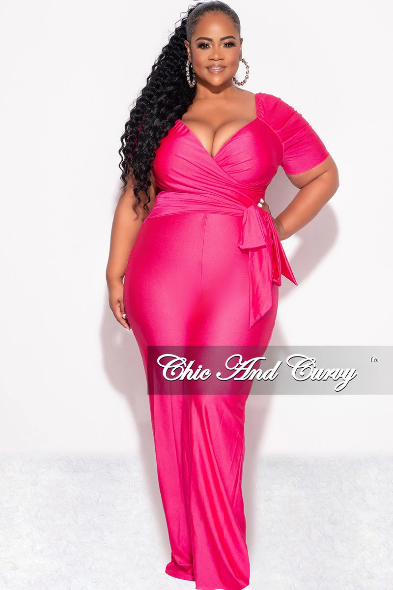 Final Sale Plus Size Off the Shoulder Faux Wrap Shiny Jumpsuit In Pink Fashionable Tank