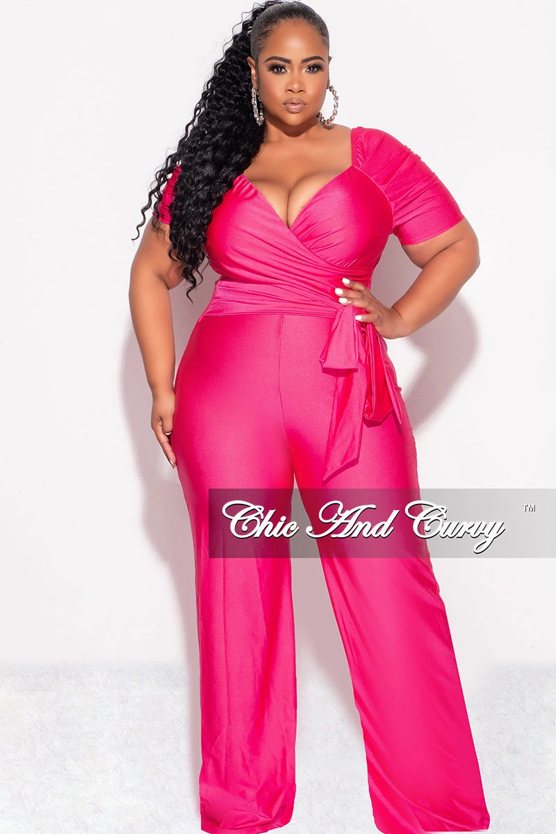 Final Sale Plus Size Off the Shoulder Faux Wrap Shiny Jumpsuit In Pink Scoop Neck Shape