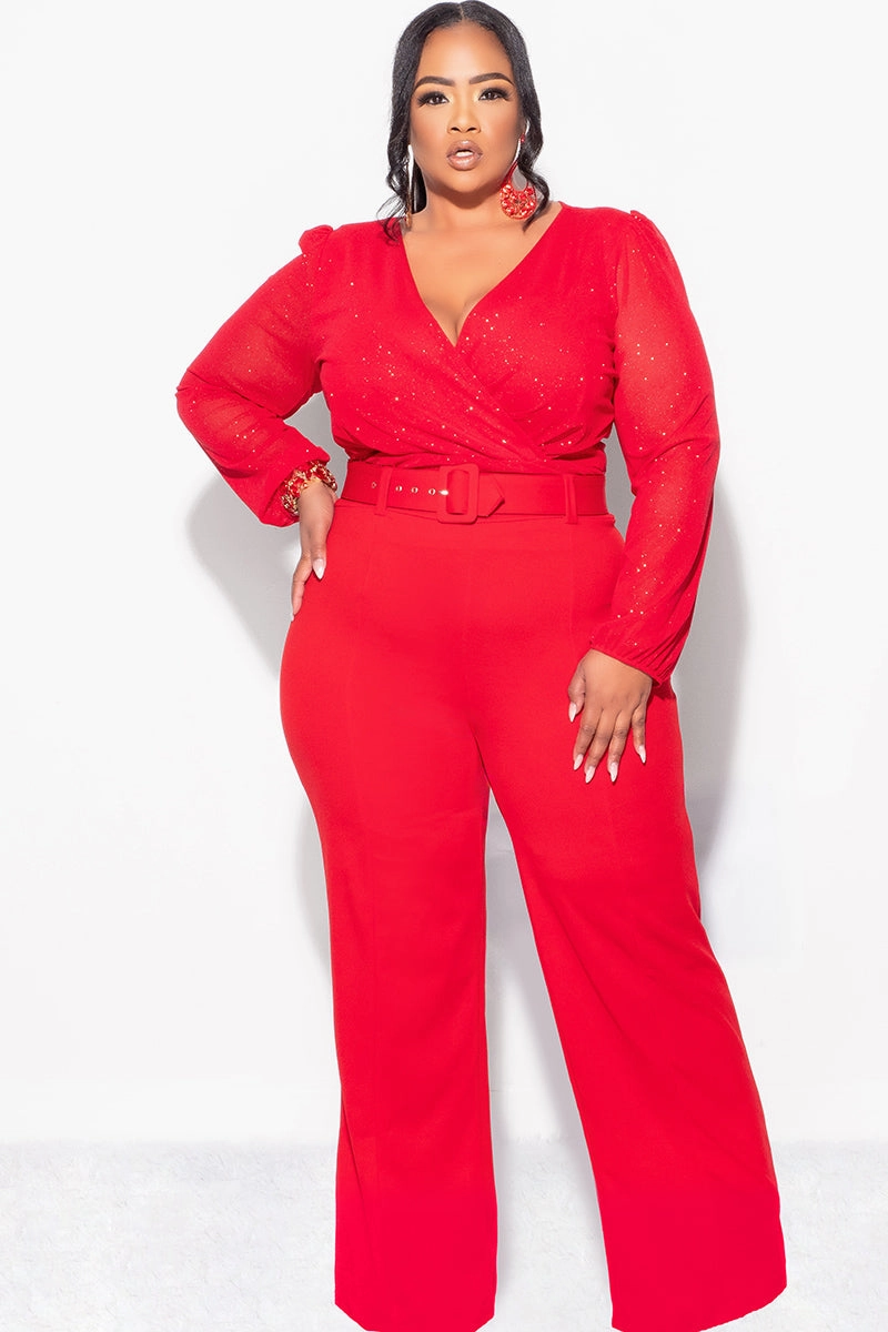 Final Sale Plus Size Sheer Glitter Faux Wrap Top in Red AntiOdorTreatment FlexibleKnit
