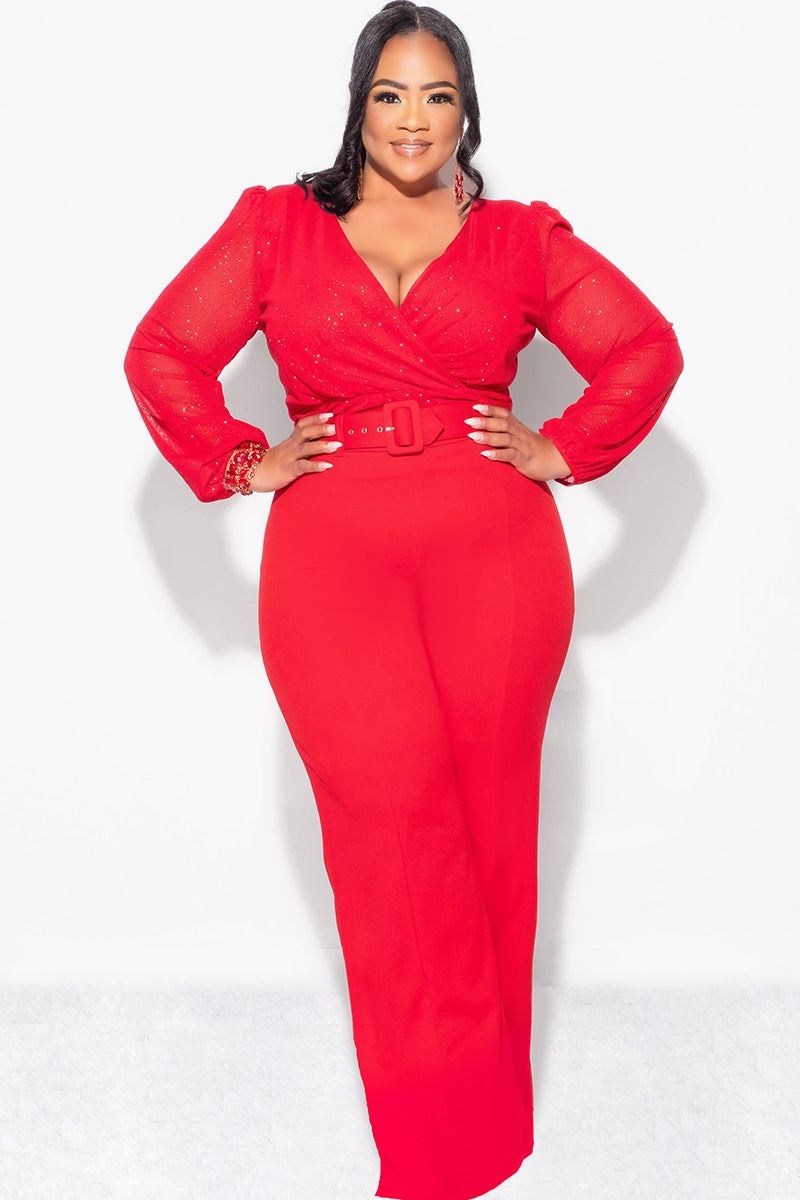 Final Sale Plus Size Sheer Glitter Faux Wrap Top in Red AllDayComfortFit