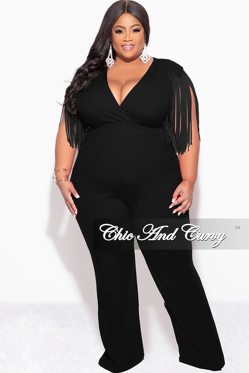 Ribbed Hemline Easy Fit Final Sale Plus Size Fringe Shoulder Faux Wrap Jumpsuit Black