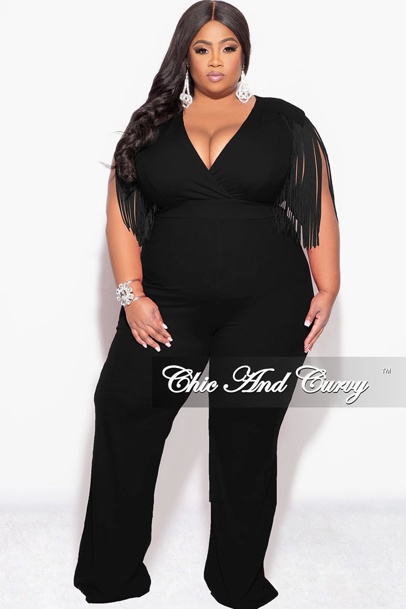 Final Sale Plus Size Fringe Shoulder Faux Wrap Jumpsuit Black Slim Fit Design