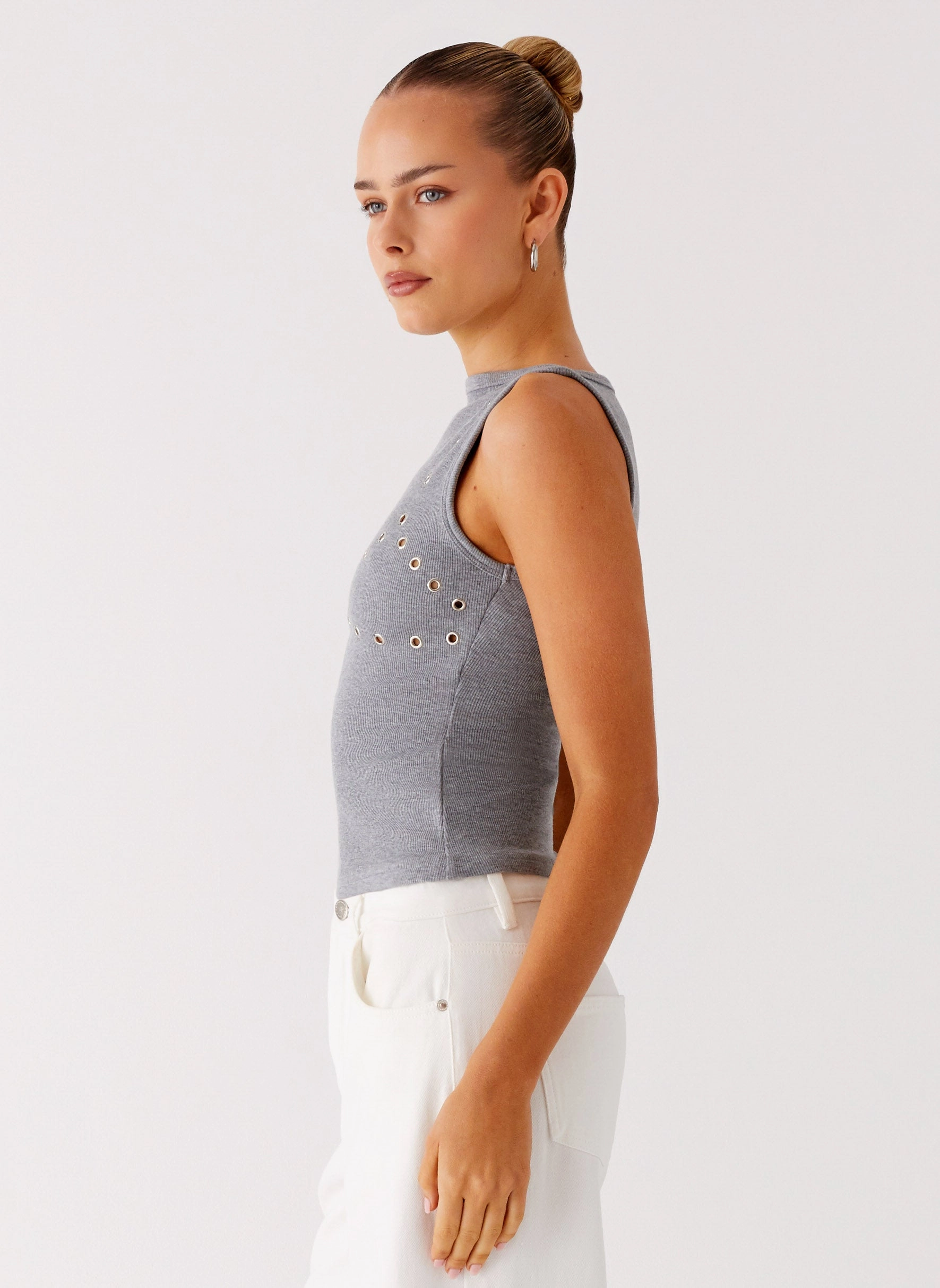 AntiPilling Technology Drop Top Ribbed Eyelet Tank Top - Marle Grey