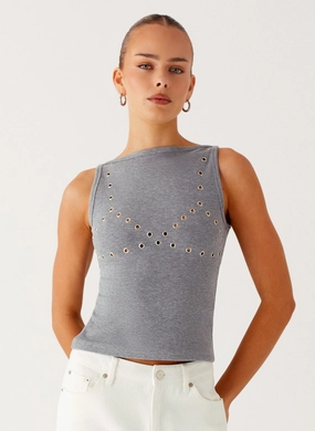 Drop Top Ribbed Eyelet Tank Top - Marle Grey AntiPillingTechnology Everyday Comfort Fit
