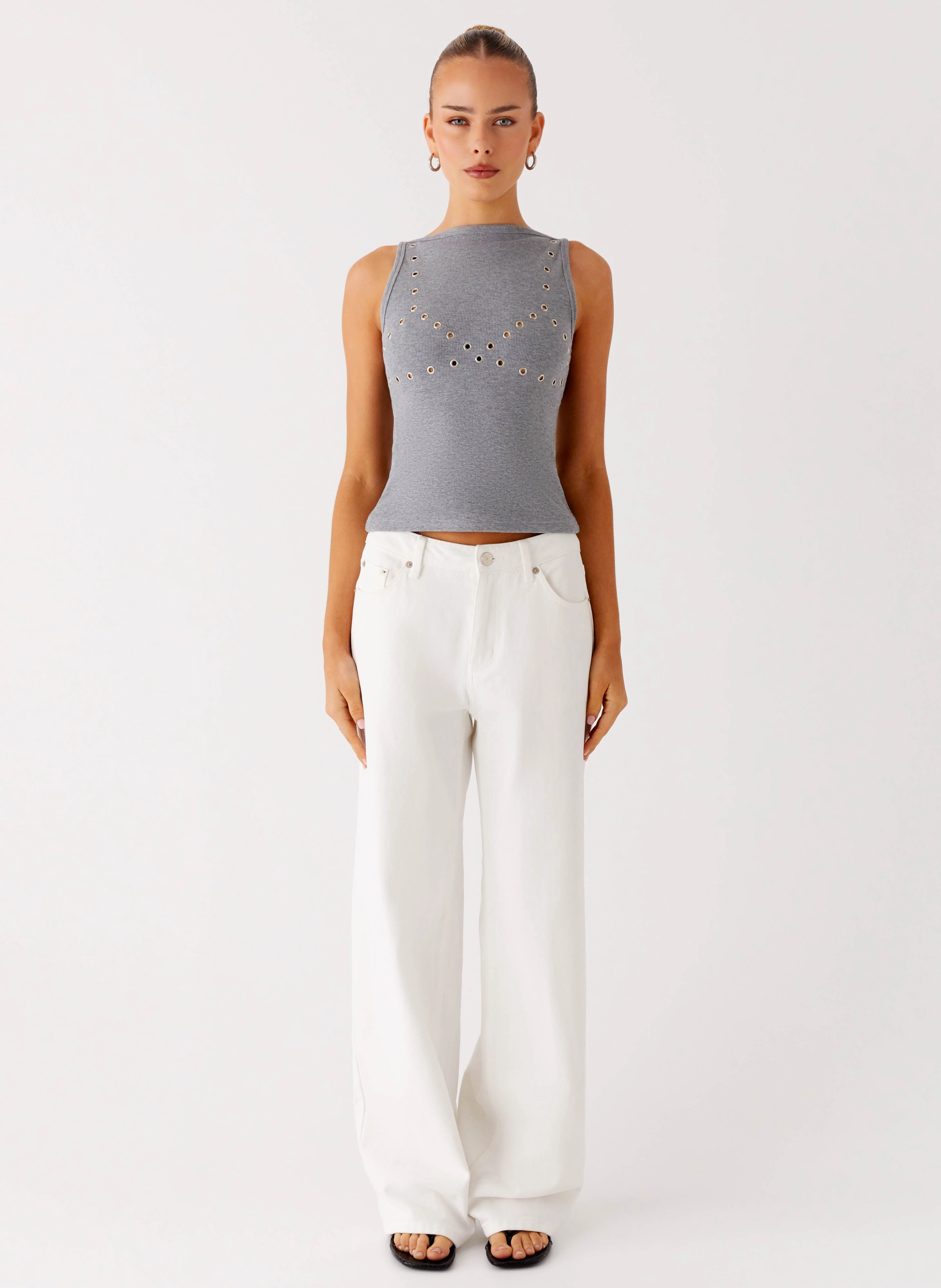 Drop Top Ribbed Eyelet Tank Top - Marle Grey GarmentWashedFinish