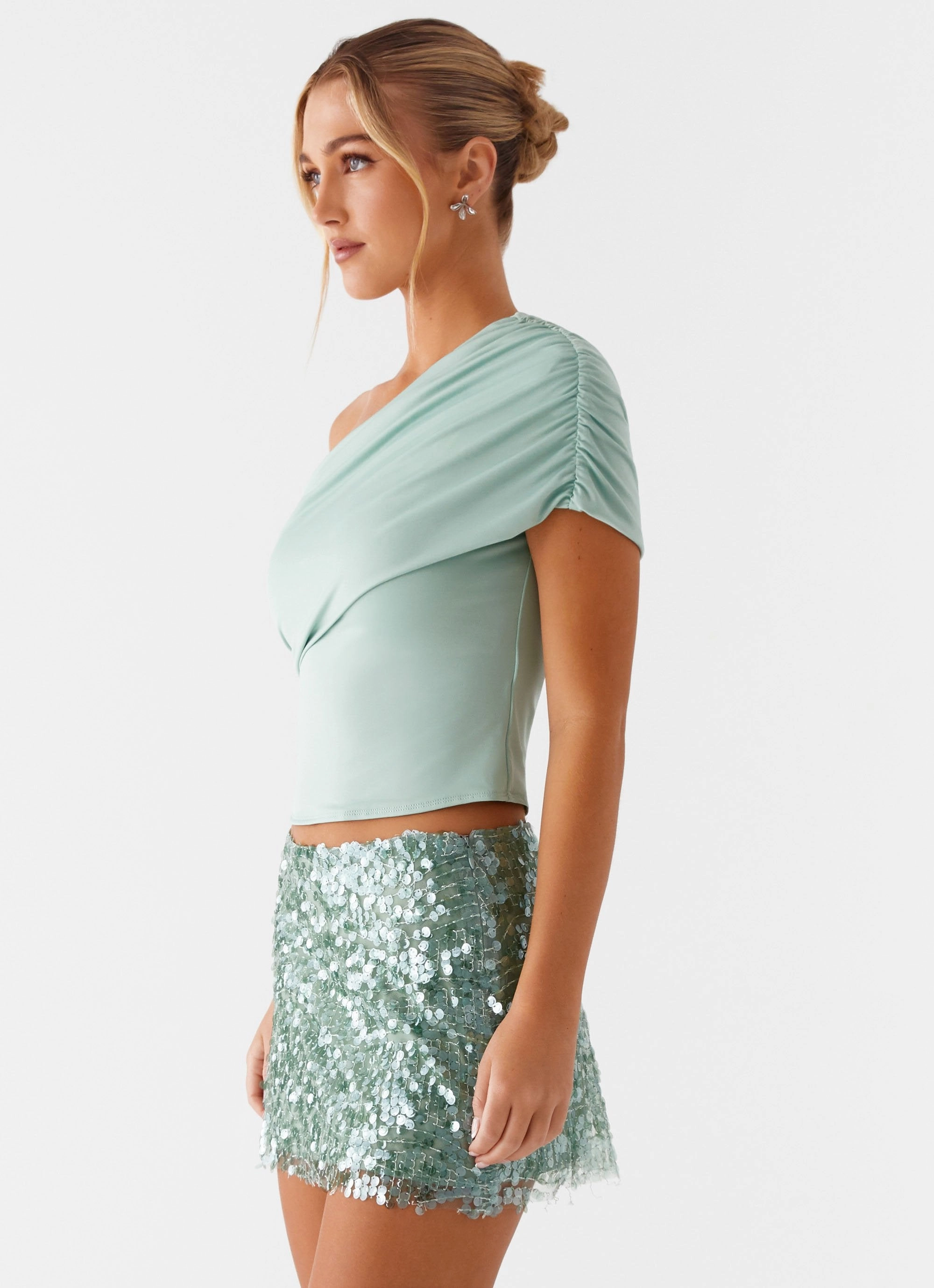 Islington One Shoulder Top - Mint Drop Shoulder