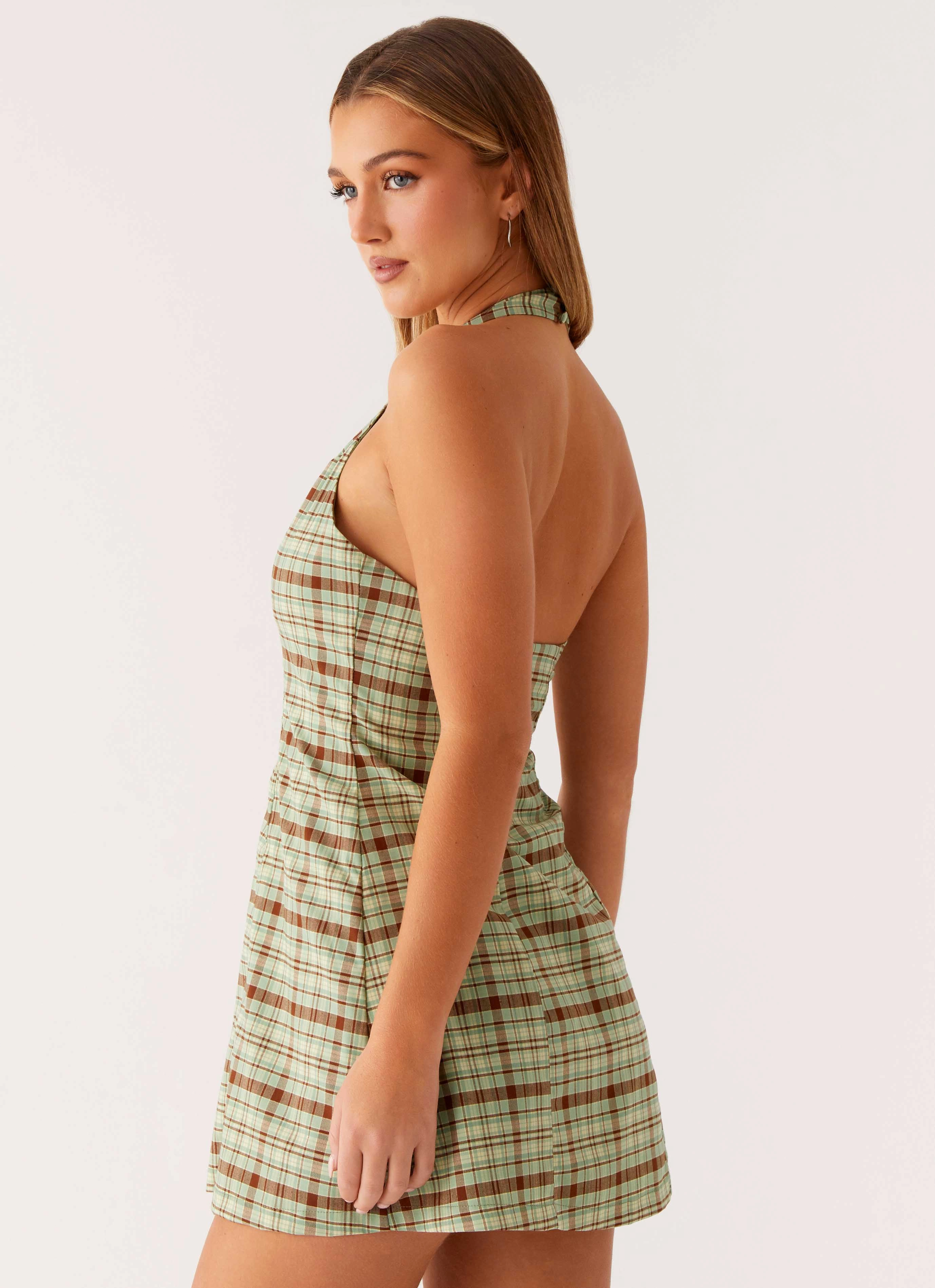 Dunia Halter Mini Dress - Forest Plaid Night Ready Thermal-Lined