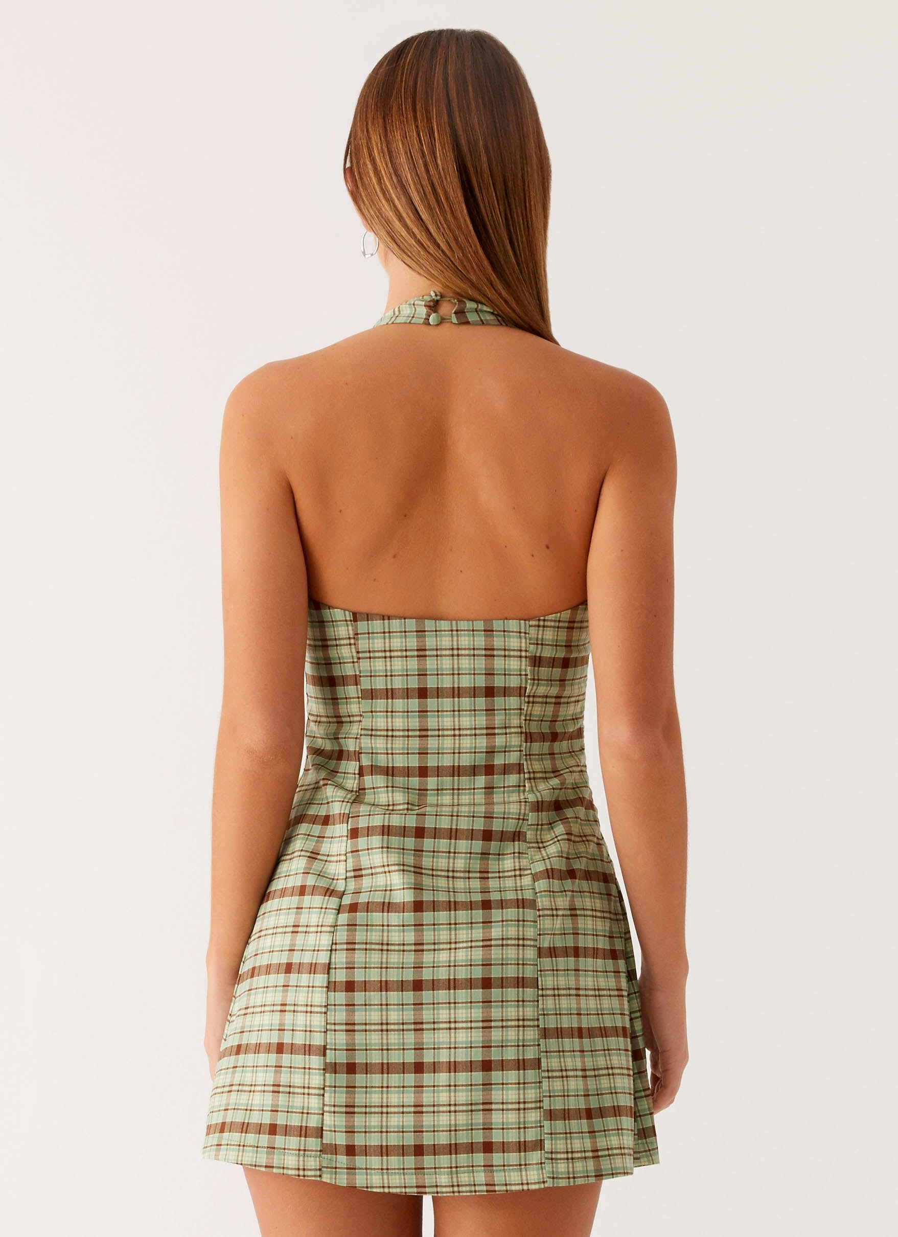 Floating Shape SeamlessConstruction Dunia Halter Mini Dress - Forest Plaid