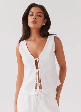 Tina Linen Vest Top - White Elastic Edge Binding