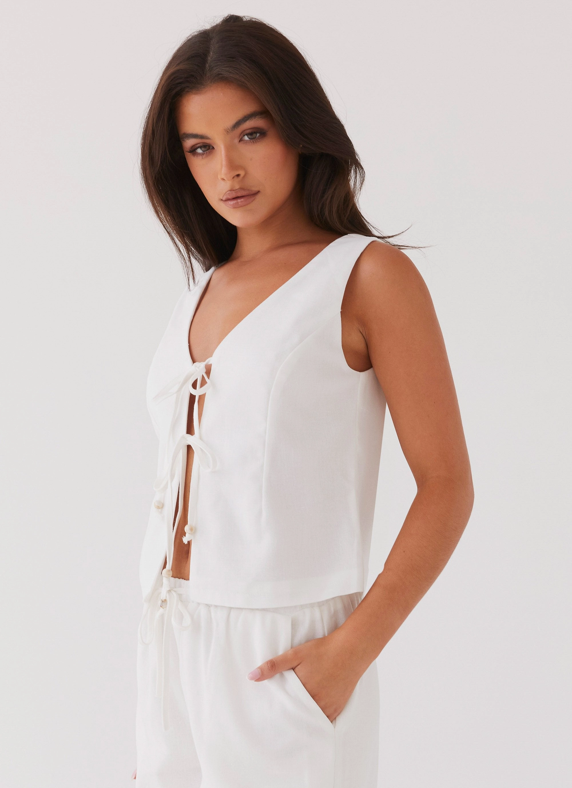 Tina Linen Vest Top - White Relaxed Tank Layered Sleeve