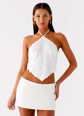Tijana Beaded Halter Top - Ivory Adjustable Hem