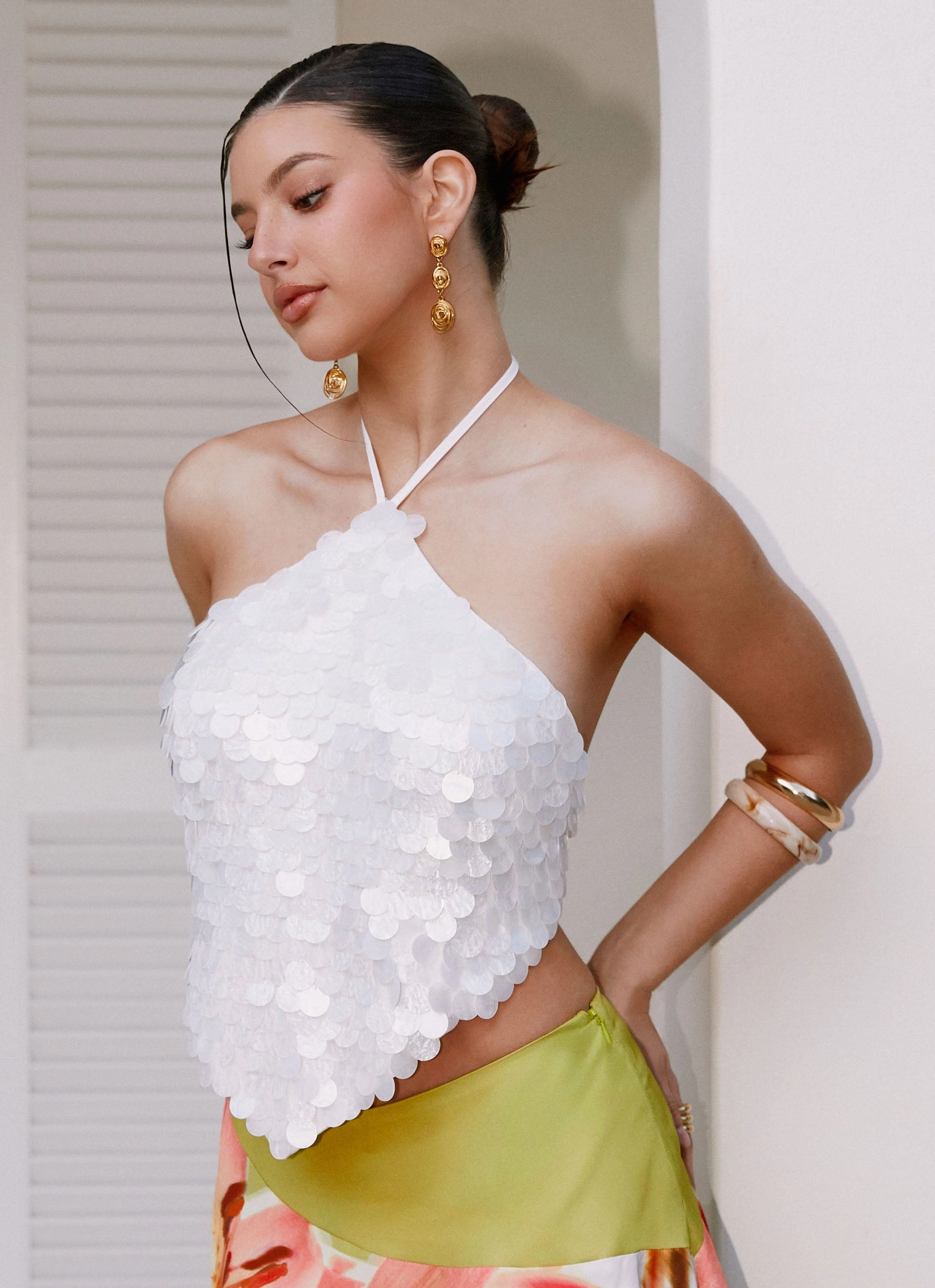 Antibacterial Fabric SeamlessSidePanels Tijana Beaded Halter Top - Ivory
