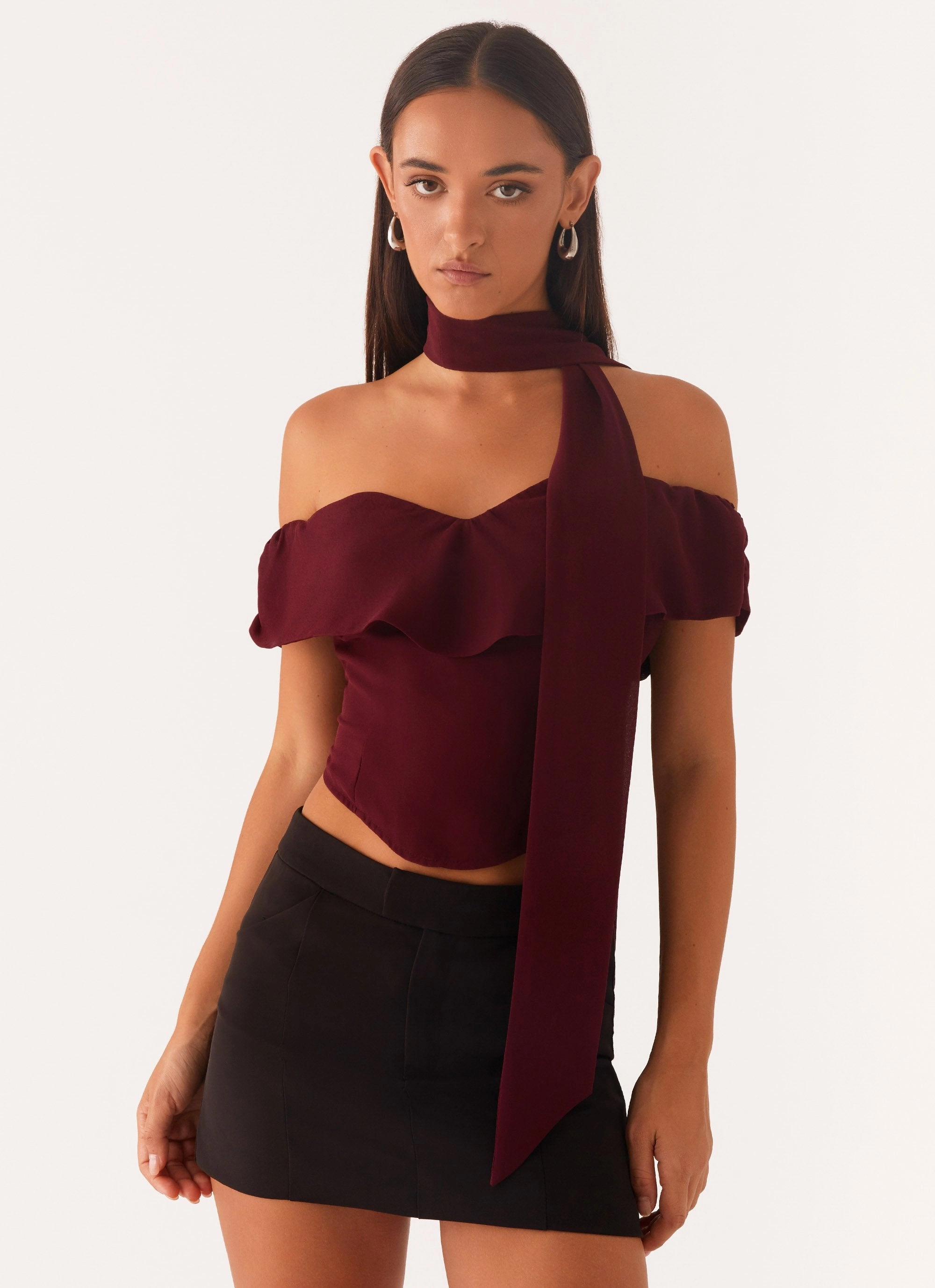 Trinity Chiffon Scarf Top - Deep Maroon Sleeveless Tee