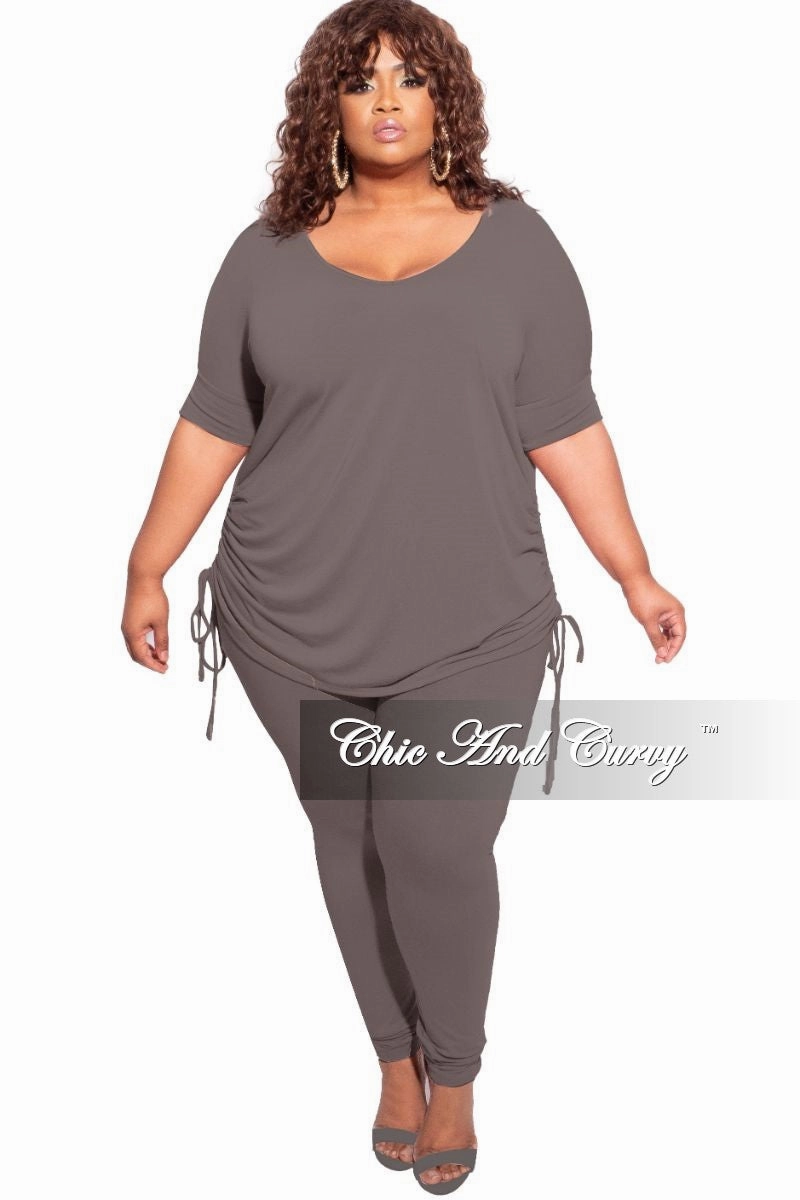 Final Sale Plus Size 2-Piece Drawstring Top and Legging Set in Charcoal Grey Durable Fabric Soft Brushed Lining