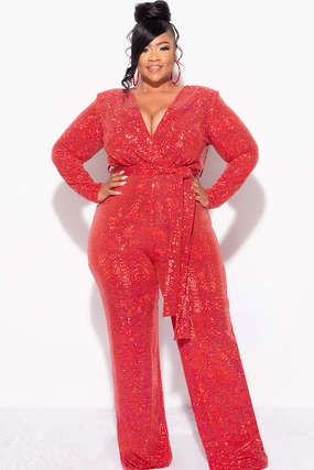 Cozy Sweatshirt Reflective details Final Sale Plus Size Long Sleeve Faux Sequin Wrap Jumpsuit with Attached Tie in Red