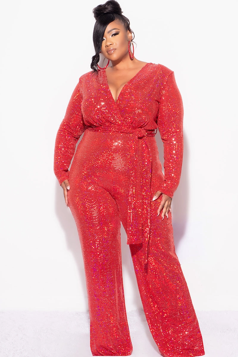 Hypoallergenic Fiber Low Profile Waistband Integration Final Sale Plus Size Long Sleeve Faux Sequin Wrap Jumpsuit with Attached Tie in Red