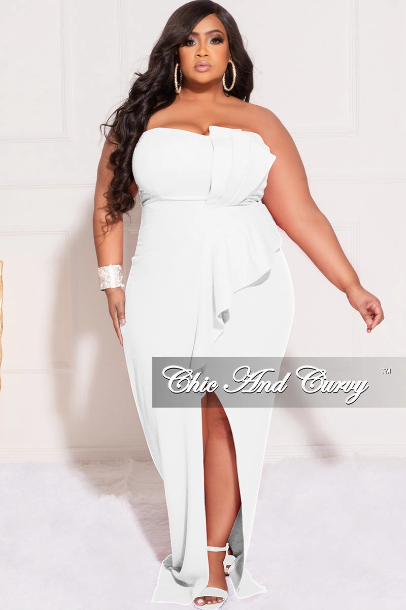 Final Sale Plus Size Strapless Pleated Ruffle Gown with Front Slit in Ivory Double Faced Jersey Knit