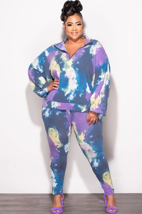 Flexible Material Final Sale Plus Size 2-Piece Set Long Sleeve Top & Pants in Purple & Yellow Tie Dye
