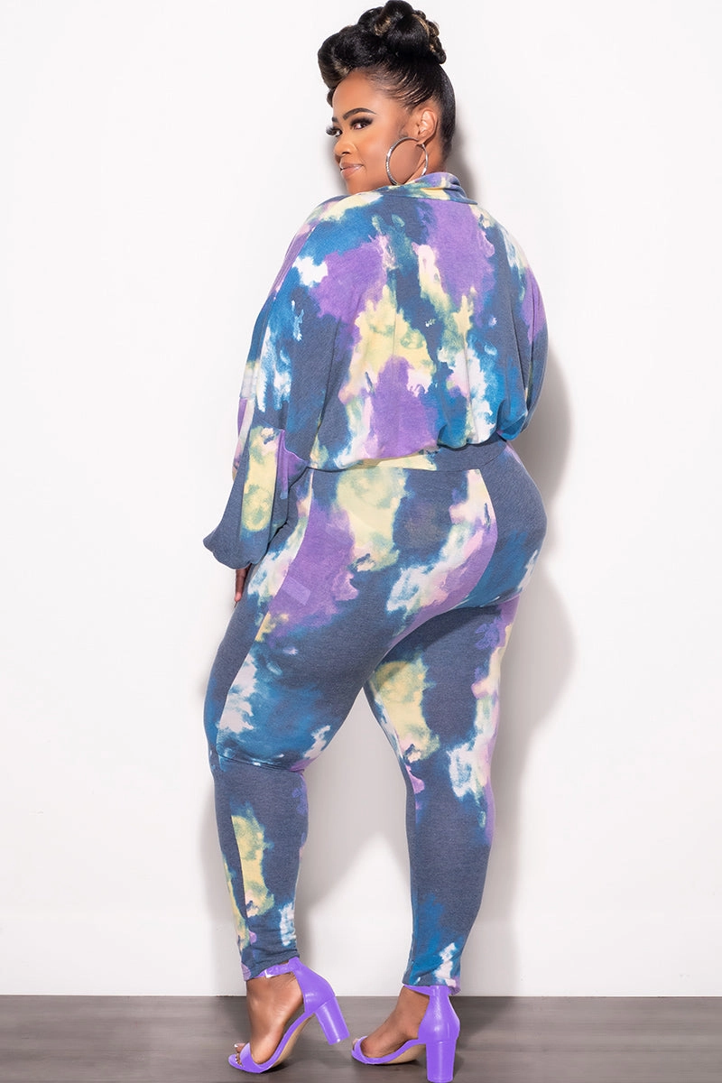 Final Sale Plus Size 2-Piece Set Long Sleeve Top & Pants in Purple & Yellow Tie Dye Stretchable Wear